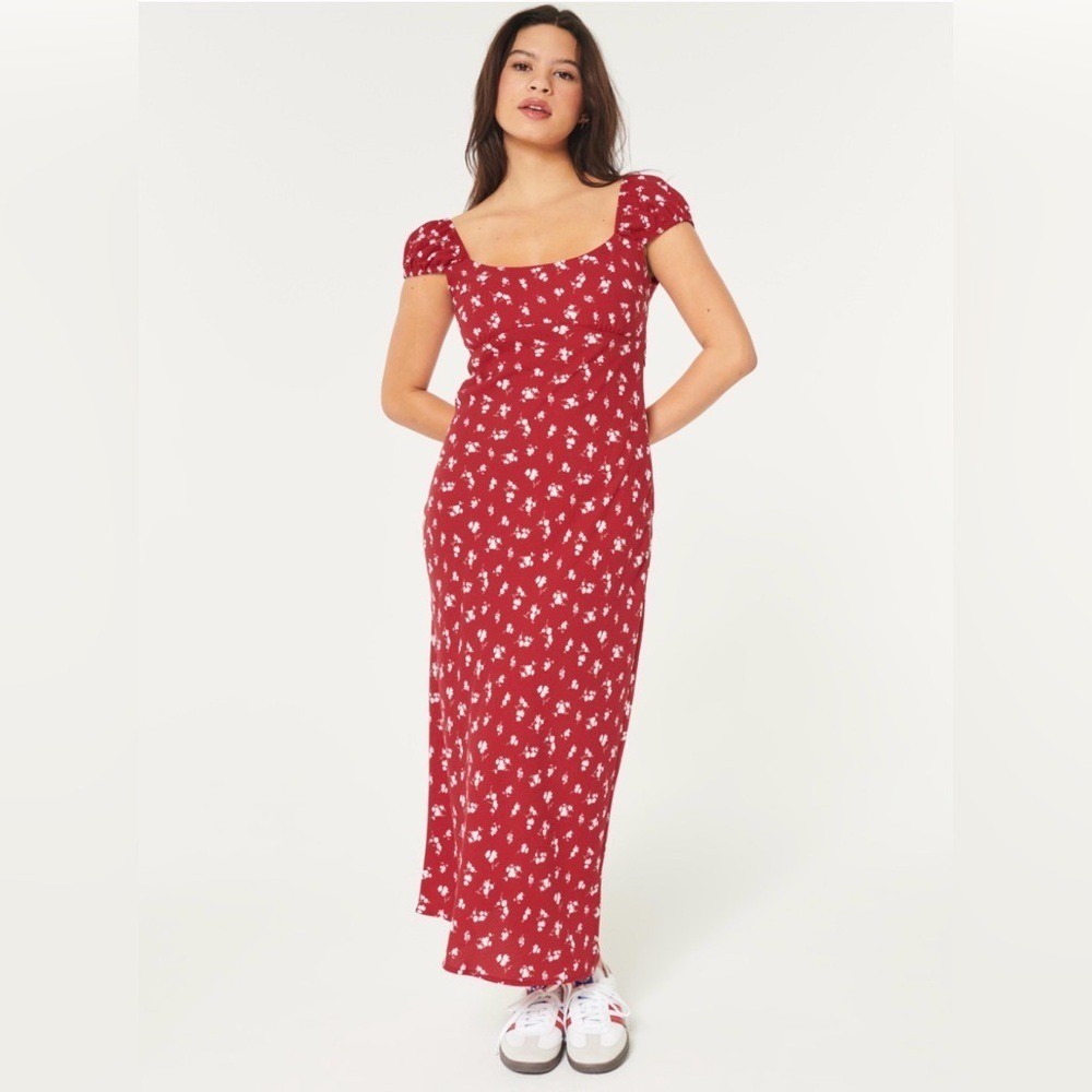 Hollister Red Floral Crepe Cap Sleeve Open Back Midi Dress Large Euro Summer Y2K
