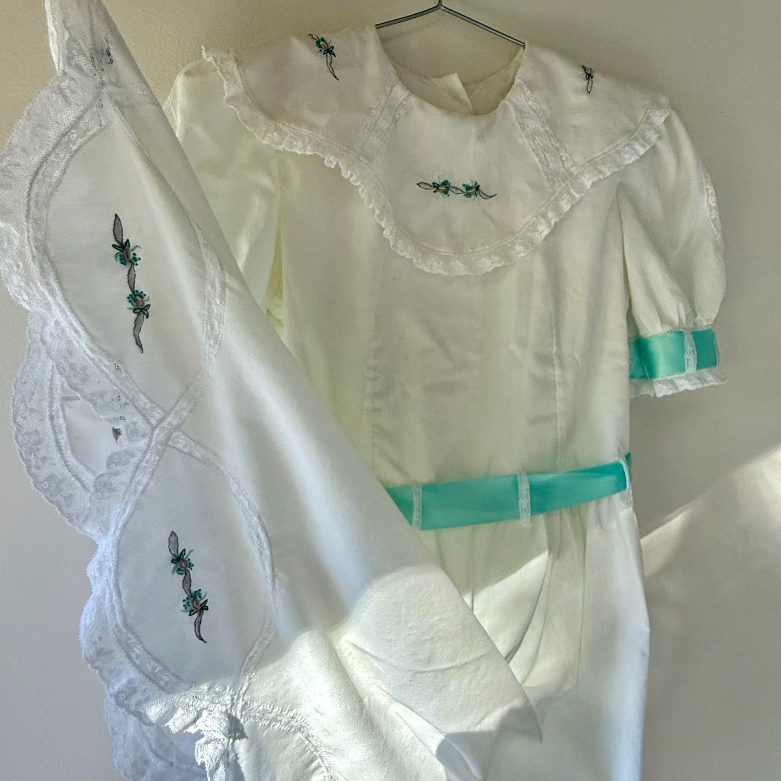 Vintage White Cotton Tea Dress with Aqua Ribbon Sash & Floral Embroidery