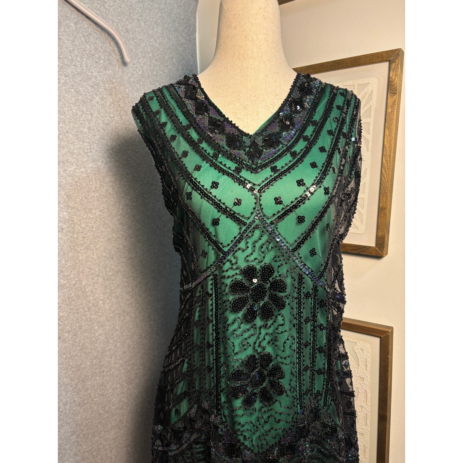 BABEYOND Green Black Sequin Fringe Flapper Dress Gatsby Art Deco 1920s NWT 2XL