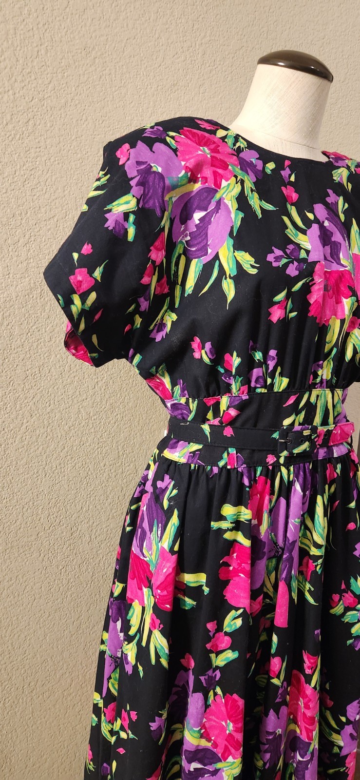 VTG 80s Stuart Alan Multicolor Floral Belted Dress Peekaboo Back Women&rsquo;s 10