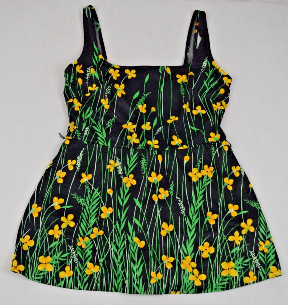 Vintage Swimsuit Playsuit Gabar Size 16 70s Black Yellow Wildflowers Skirted