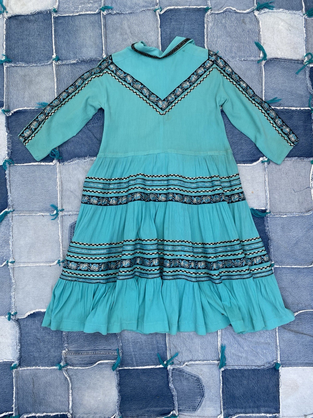 Vintage 1950s Western Patio Fiesta Dress Ric Rac Crinkle Cotton Ranchwear 34/36W