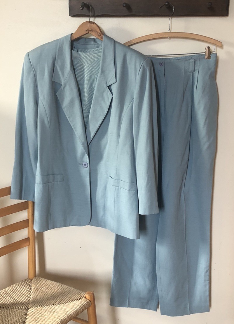 Vtg Rafaella Women L 12/1 Sky Blue Linen Blend 3-pc Pantsuit Set Blazer Coastal