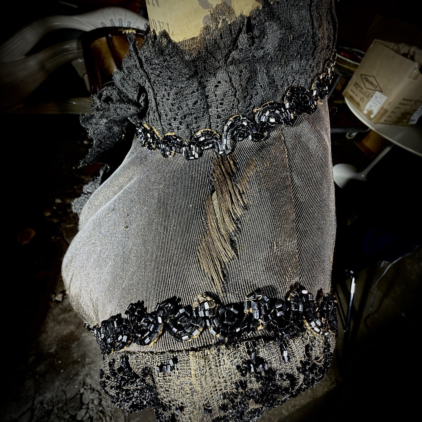 Antique Victorian Mourning Cape | 1880s Jet Beaded & Chantilly Lace Mantle