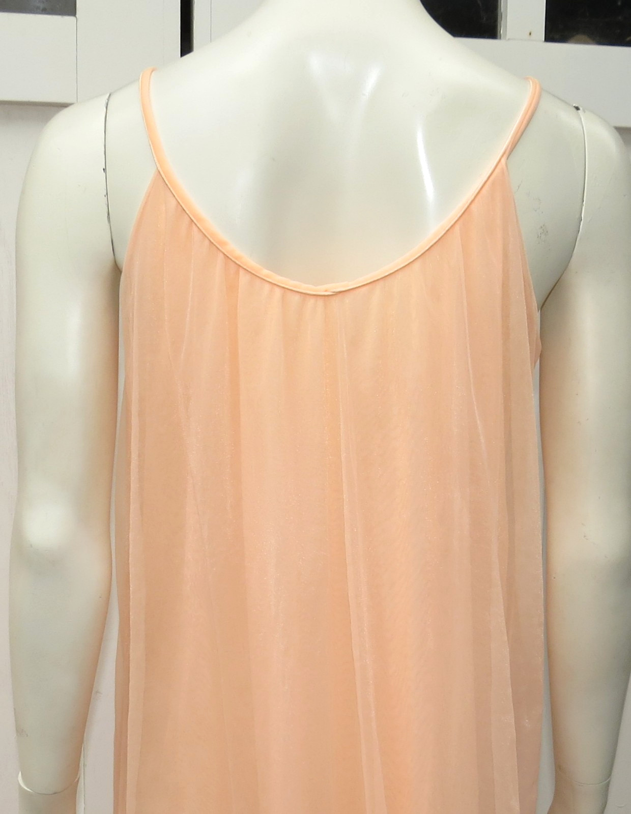 Vtg INTIME Bright Pink Coral Sheer Chiffon Peignoir Robe Nightgown RUFFLES L