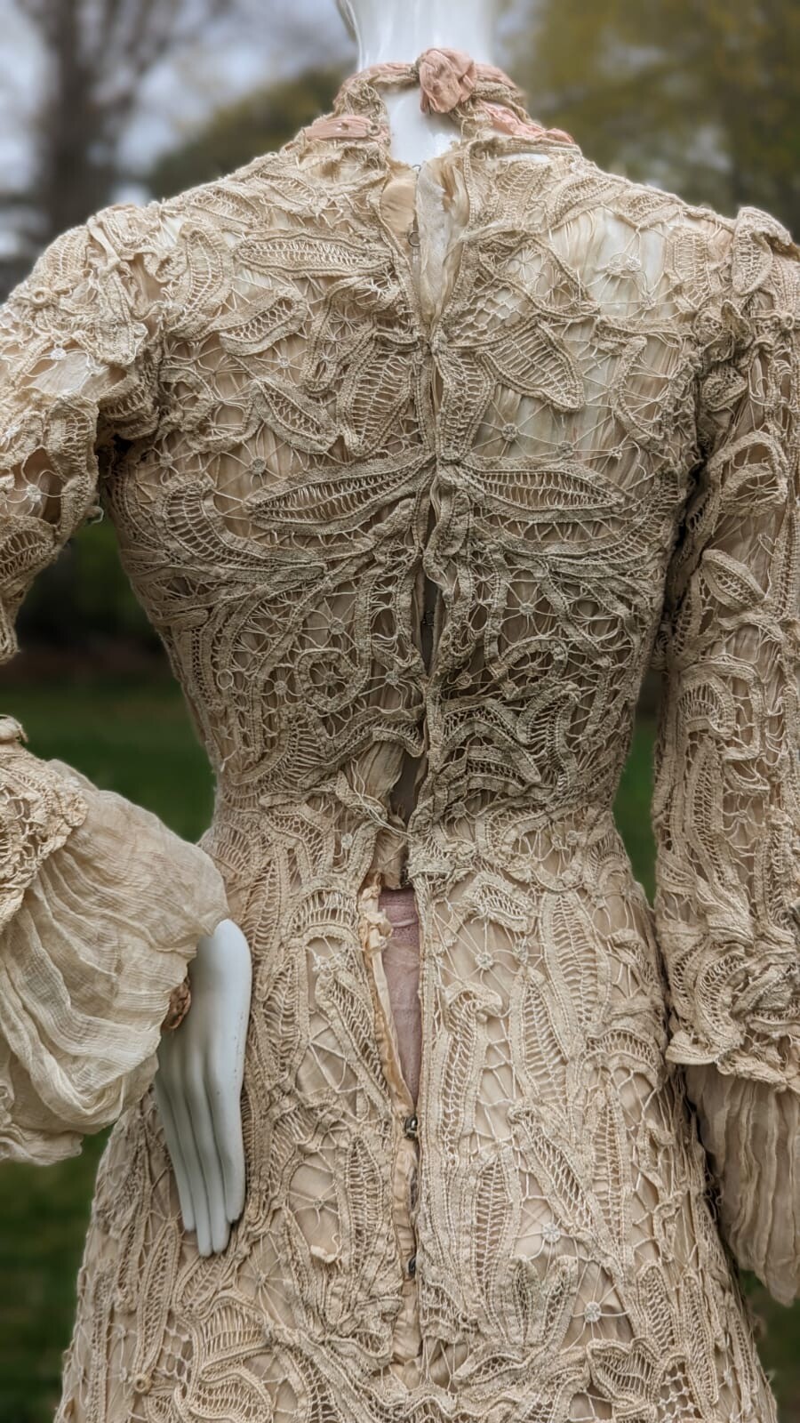 VICTORIAN HAND MADE BATTENBURG LACE DRESS W BELL SLEEVES + TRAIN