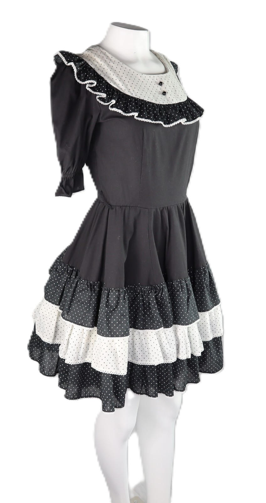 VTG 60s 70s Jeri Bee USA 0 2 XS Square Dance Prairie Polka Dot Knee Dress Black