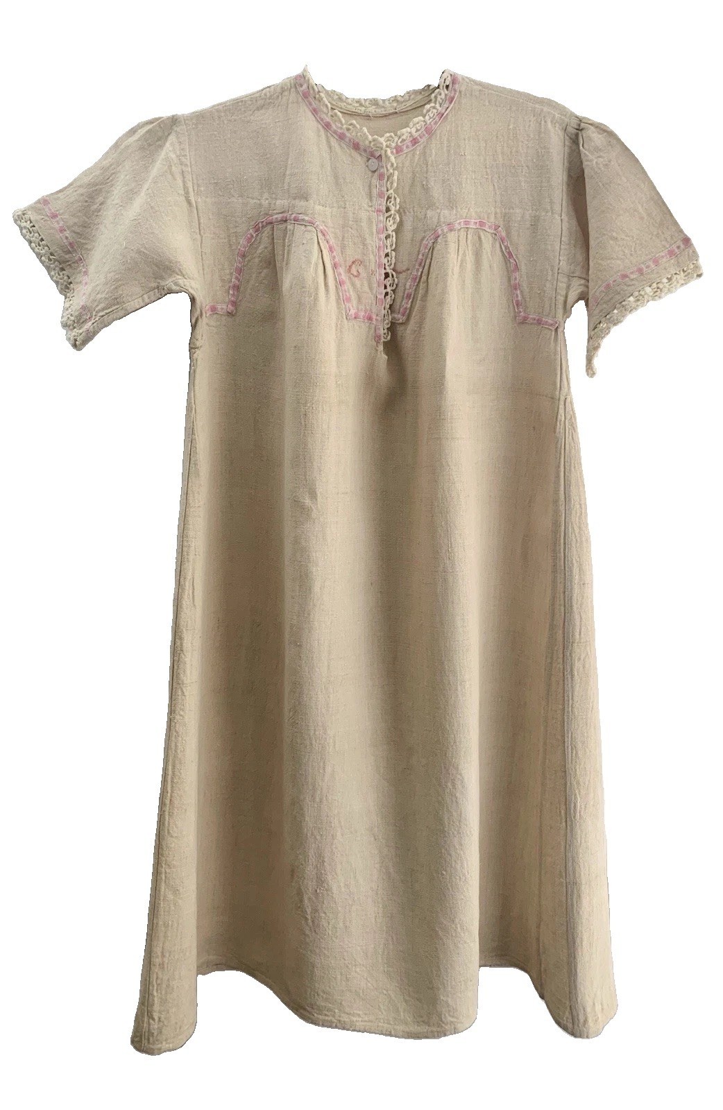 Antique Homespun Linen Nightgown Monogrammed Italy Lace Trim