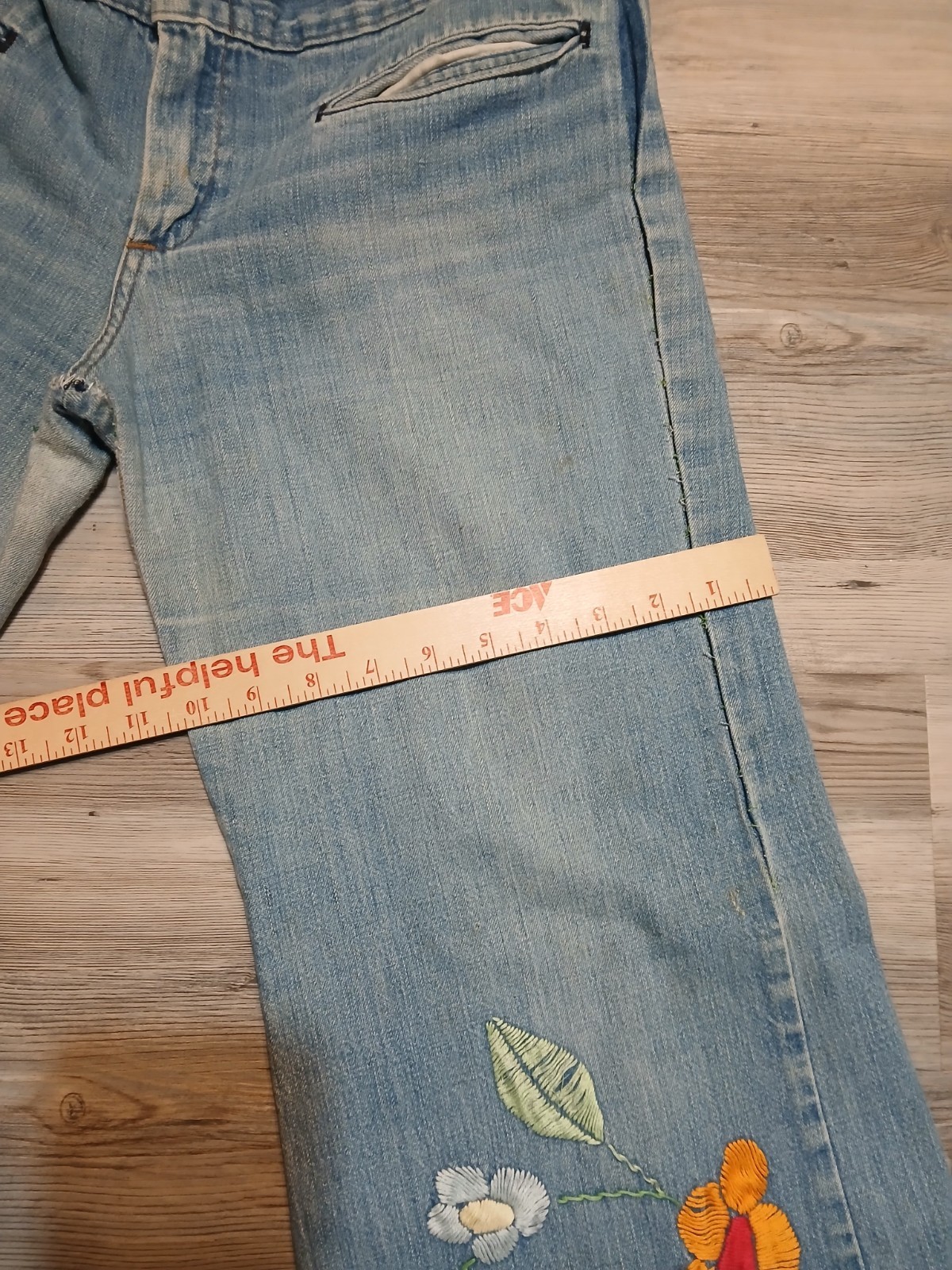 Vintage 70s Denim Bell Bottom Custom Embroidered Flare Hippy 32×28.5 RARE Floral