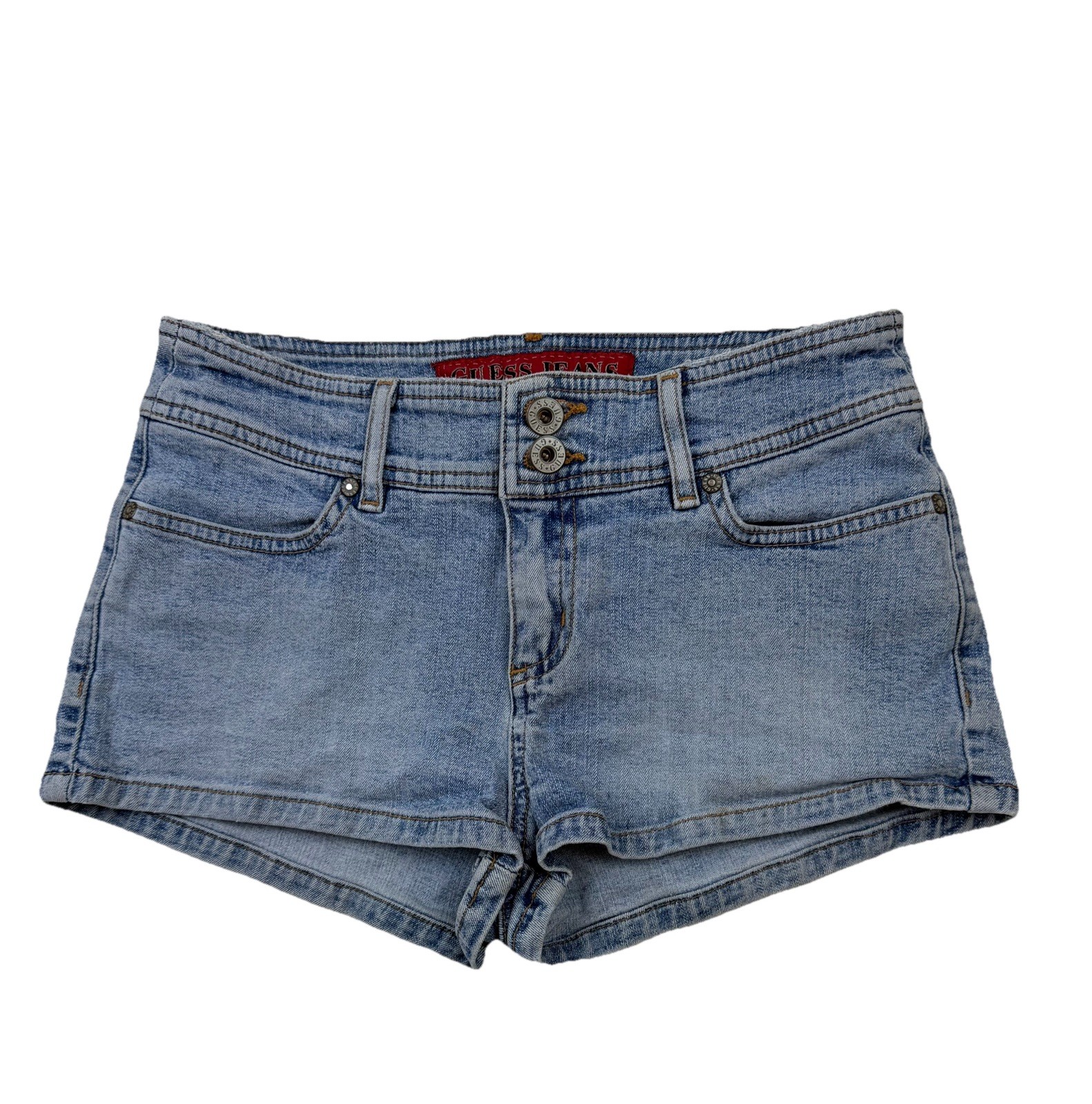 Vtg 90s Y2K Guess Low Rise Micro Mini Denim Shorts Jrs Sz 28 Stretch 26&Prime; Waist