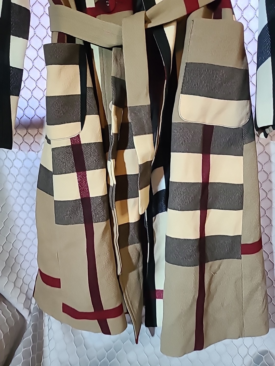 Vintage Allaiyou Classic Plaid Trench Overcoat Women L Belted London Look Rayon