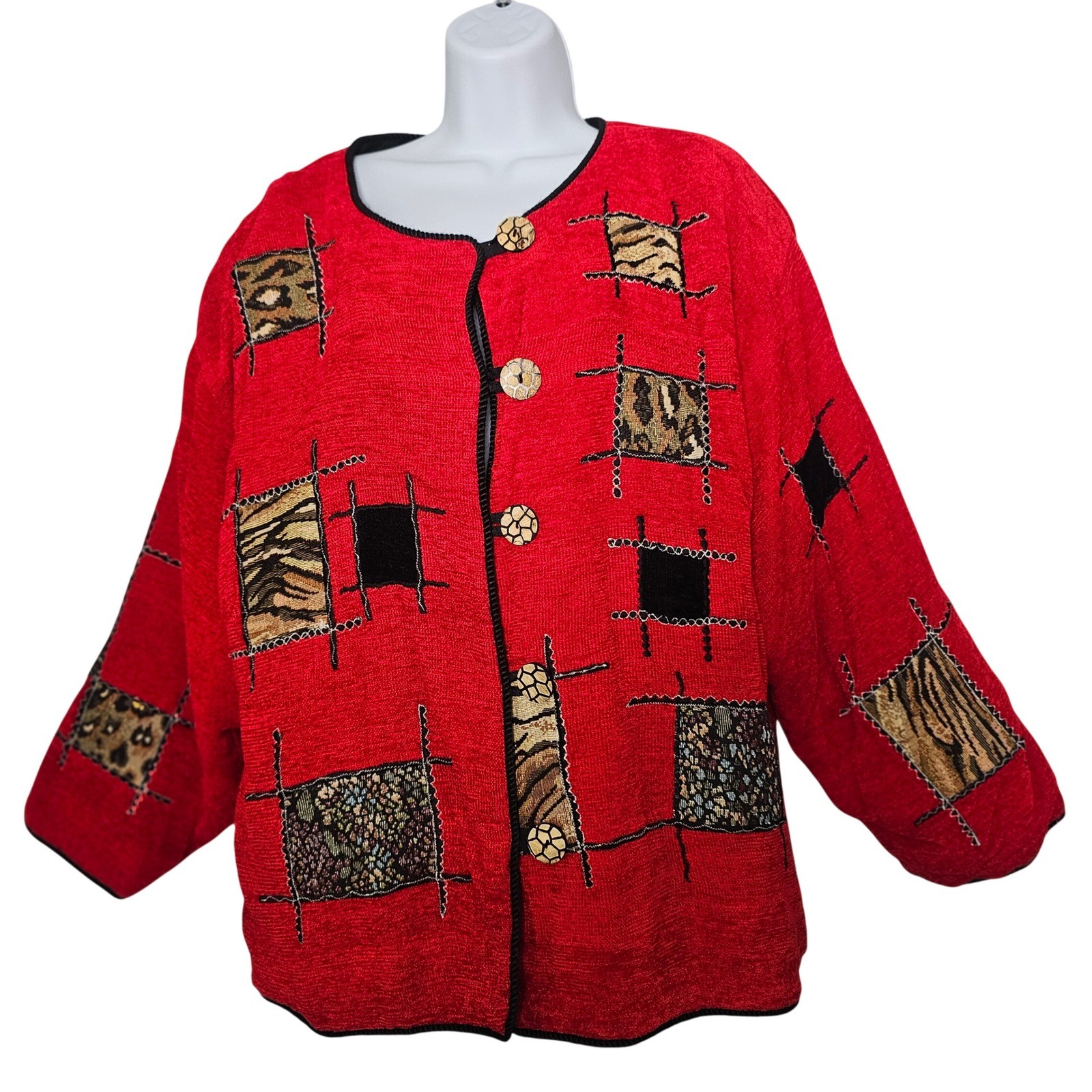 Dressbarn Woman VTG Animal Print Patchwork Jacket 2X Red Art to Wear Eclectic