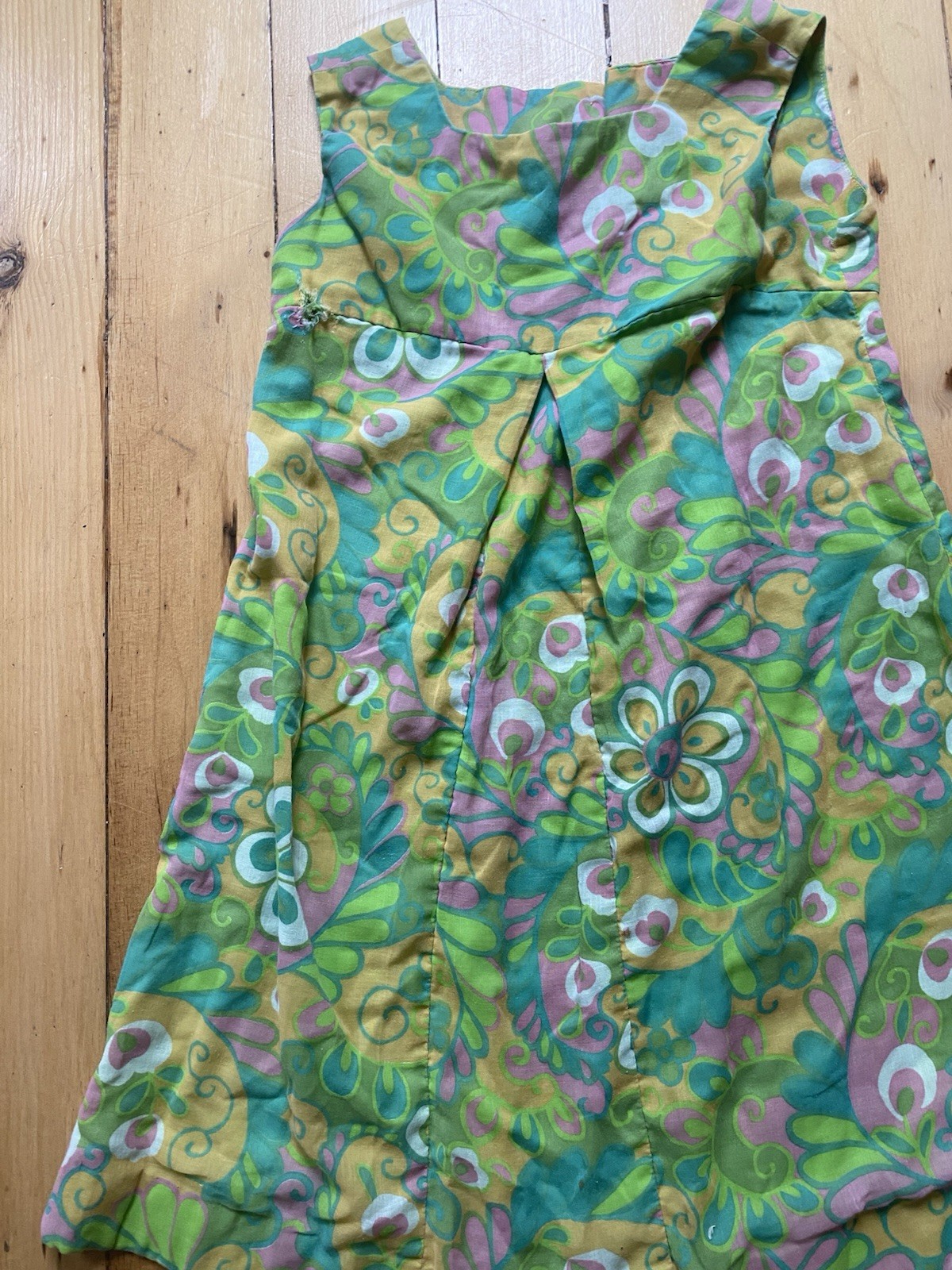 Vintage 60s 70s Juniorite Mod Psychedelic Mini Dress Green Pink Sleeveless Sz S