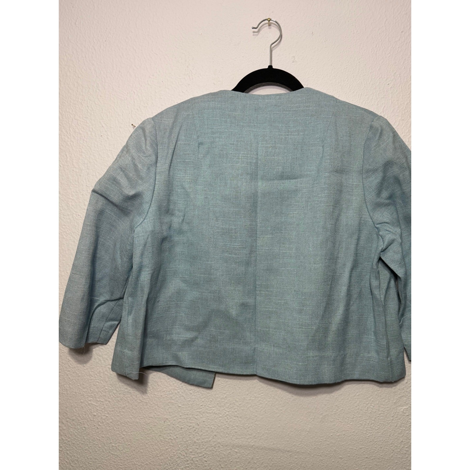 Vintage Linen Cropped Jacket Blouse Set Floral Cottagecore Boho 60s Mod Blue M/L