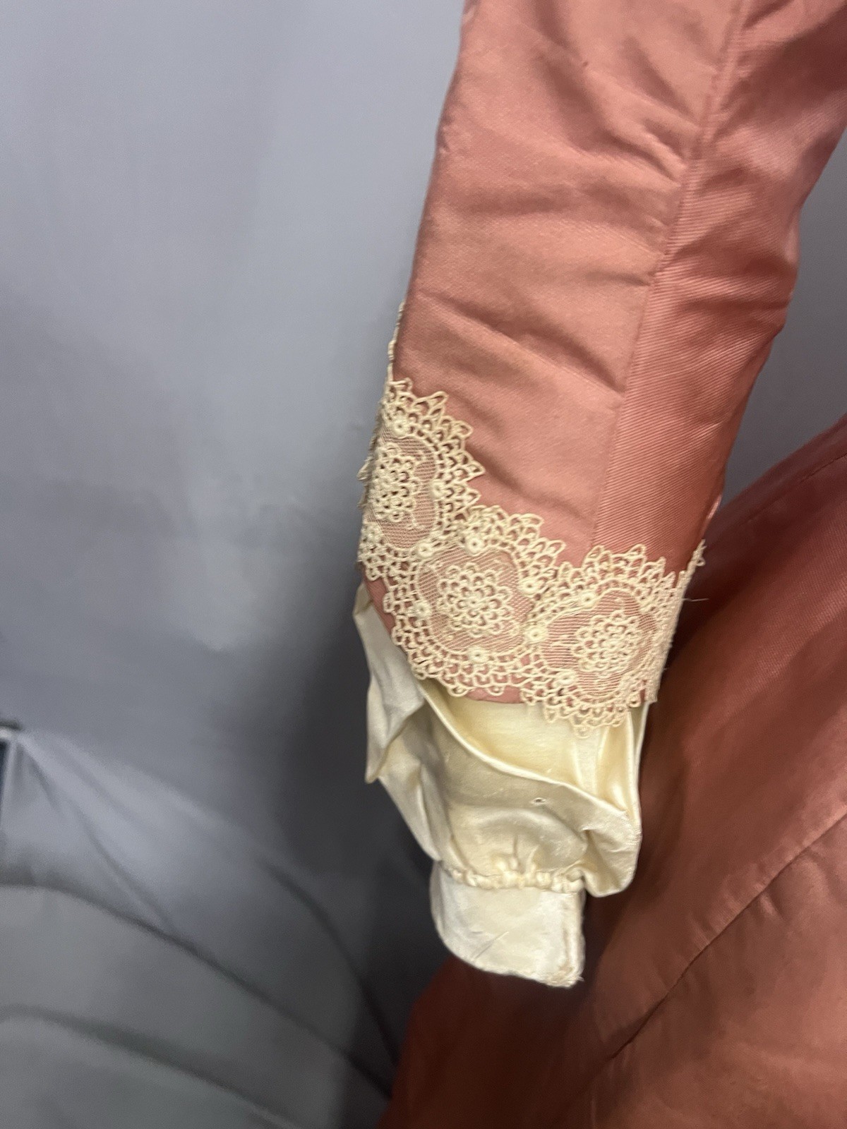 1890’s Peach Silk Faille & Lace Bustle Dinner Gown