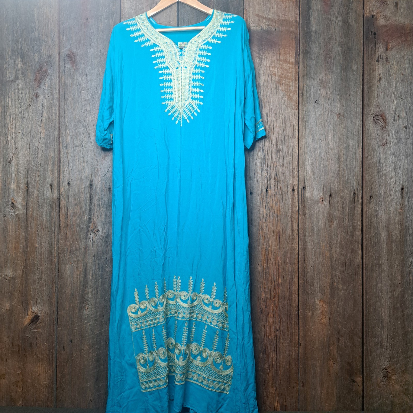 Boho Vintage Hours Aegean Turquoise Gold Moroccan Embroidered Kaftan Maxi Dress