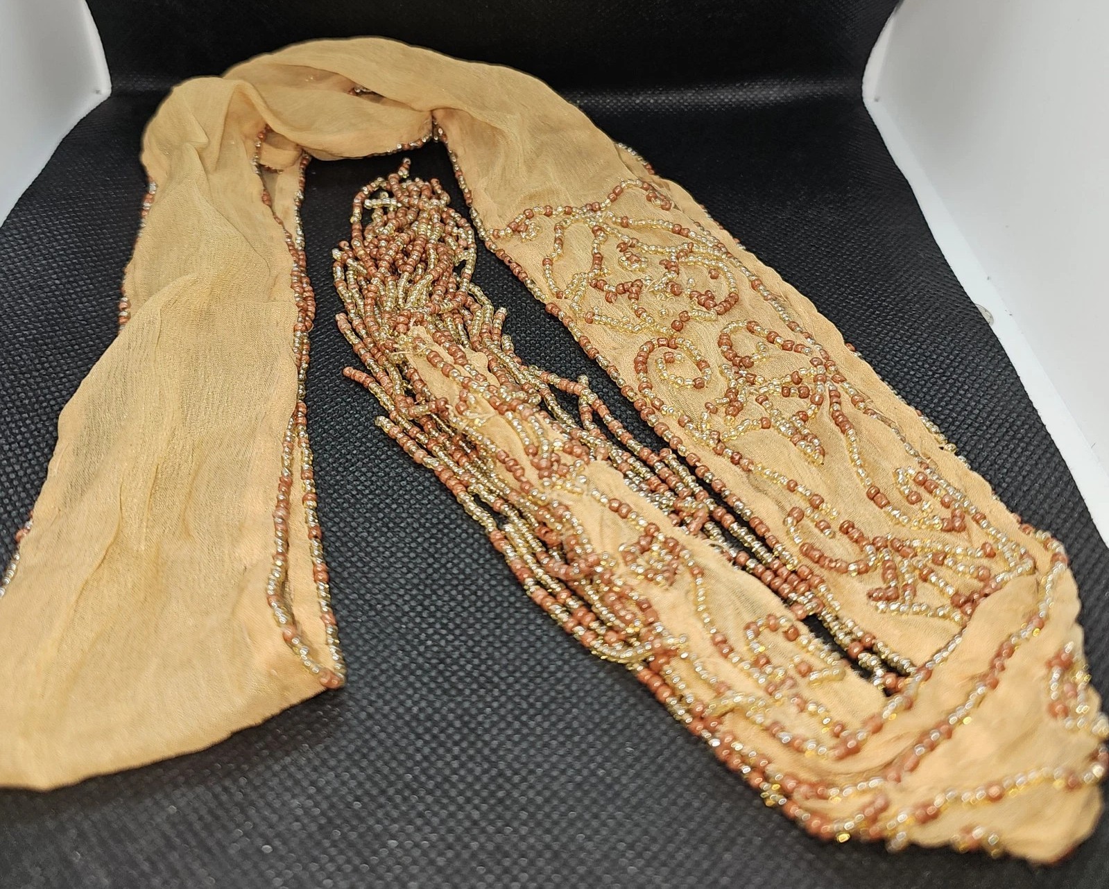 Orange/Copper Silk Chiffon Art Deco Beaded Hair, Neck, Or Waste Tie Flapper 50&Prime;