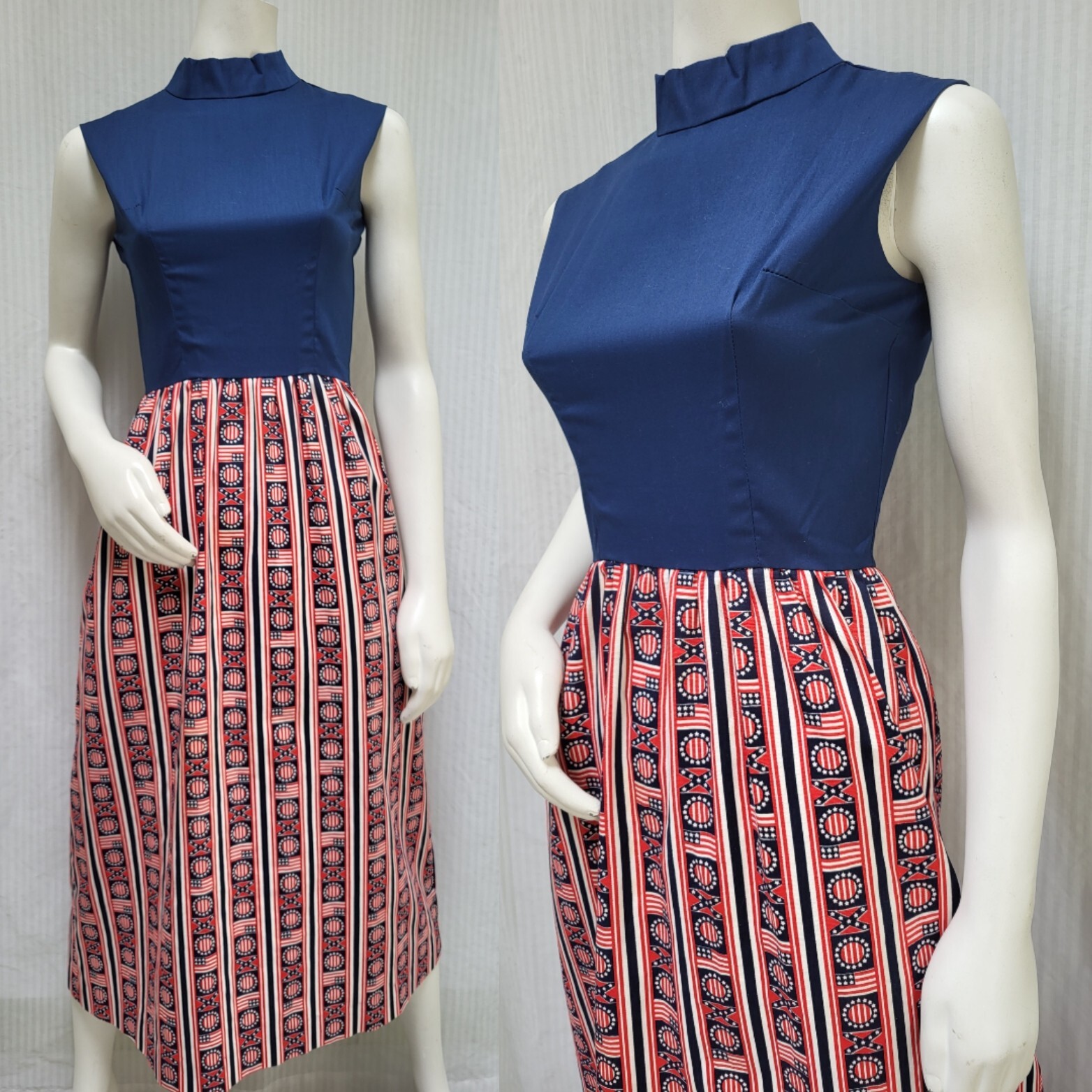 Vintage 1960s American Flag Red White & Blue Sleeveless DRESS – Size S – EUC