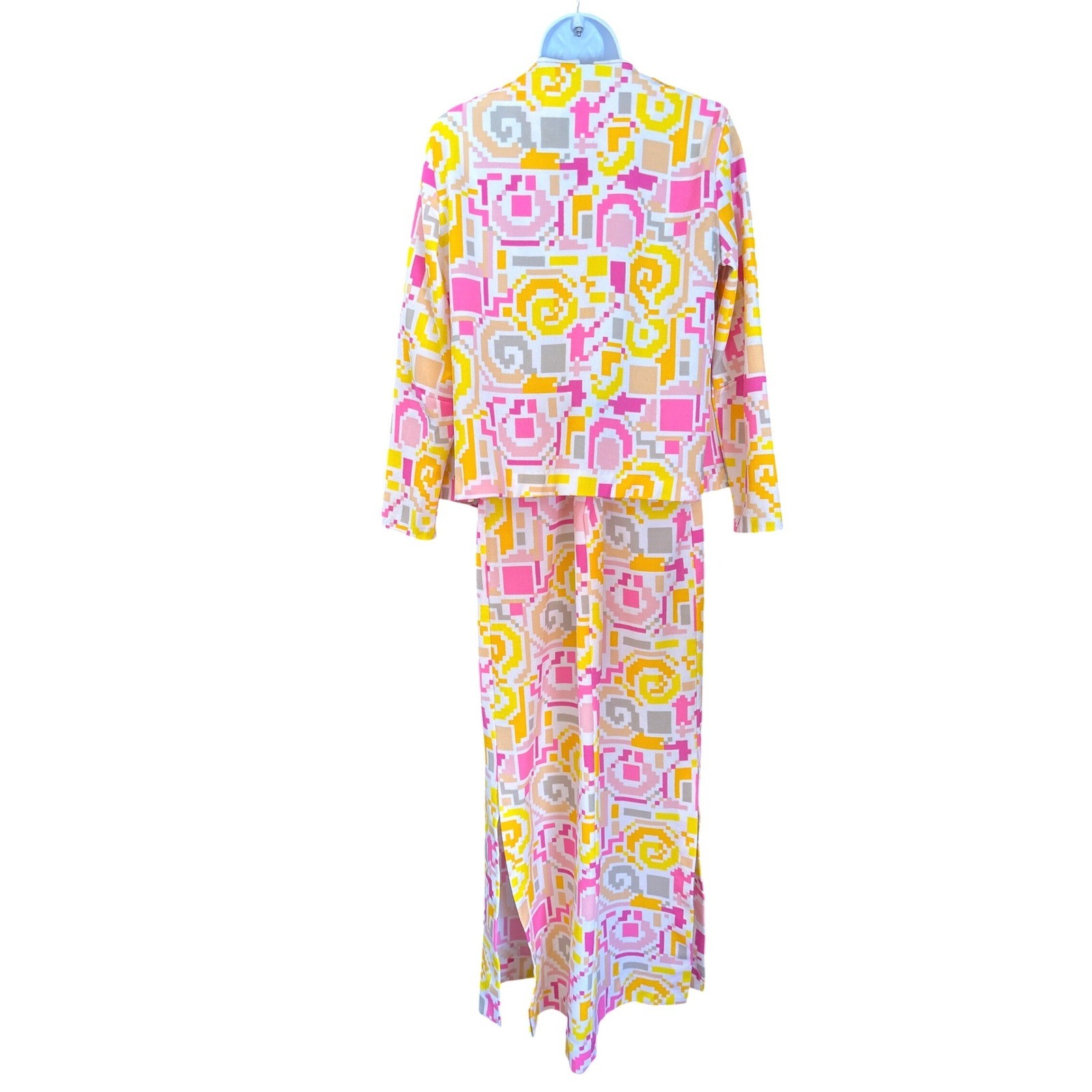Vintage 70s Mod Geometric Hostess Set Maxi Skirt Jacket Pink Yellow Retro