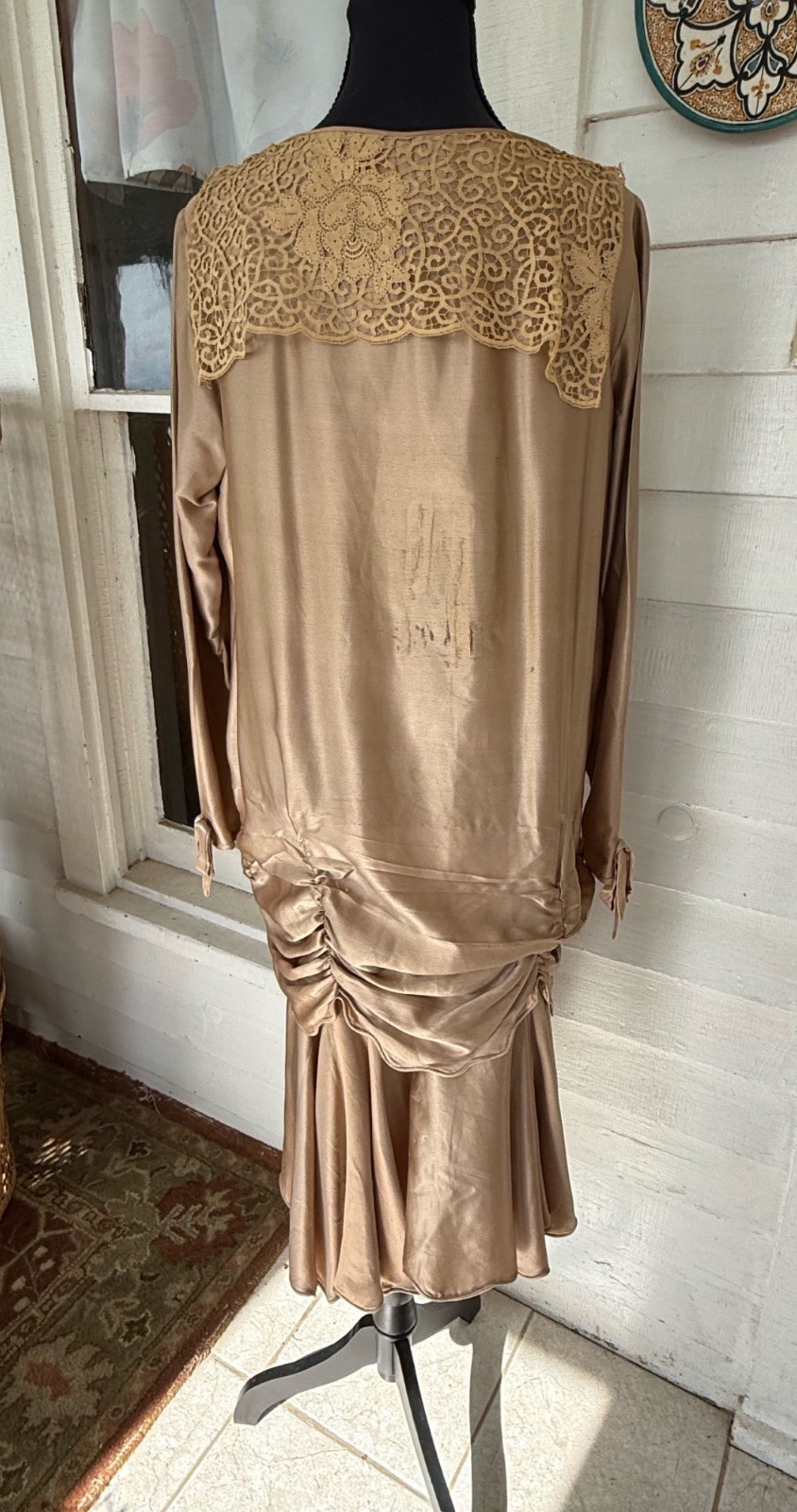 Antique 1920s Tan Silk Flapper Dress With Lace Yoke AS IS TLC Size M