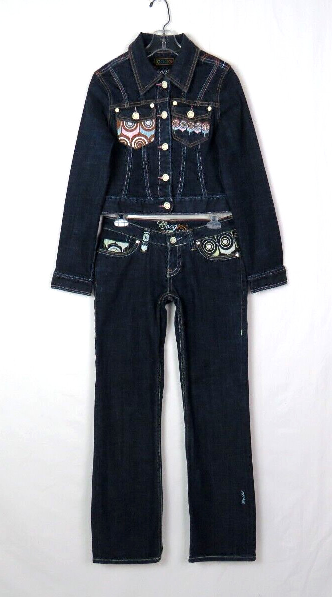 COOGI VTG 1990s 2000s BLUE STRETCH DENIM JEAN CROP JACKET EMBROIDERY ENAMEL