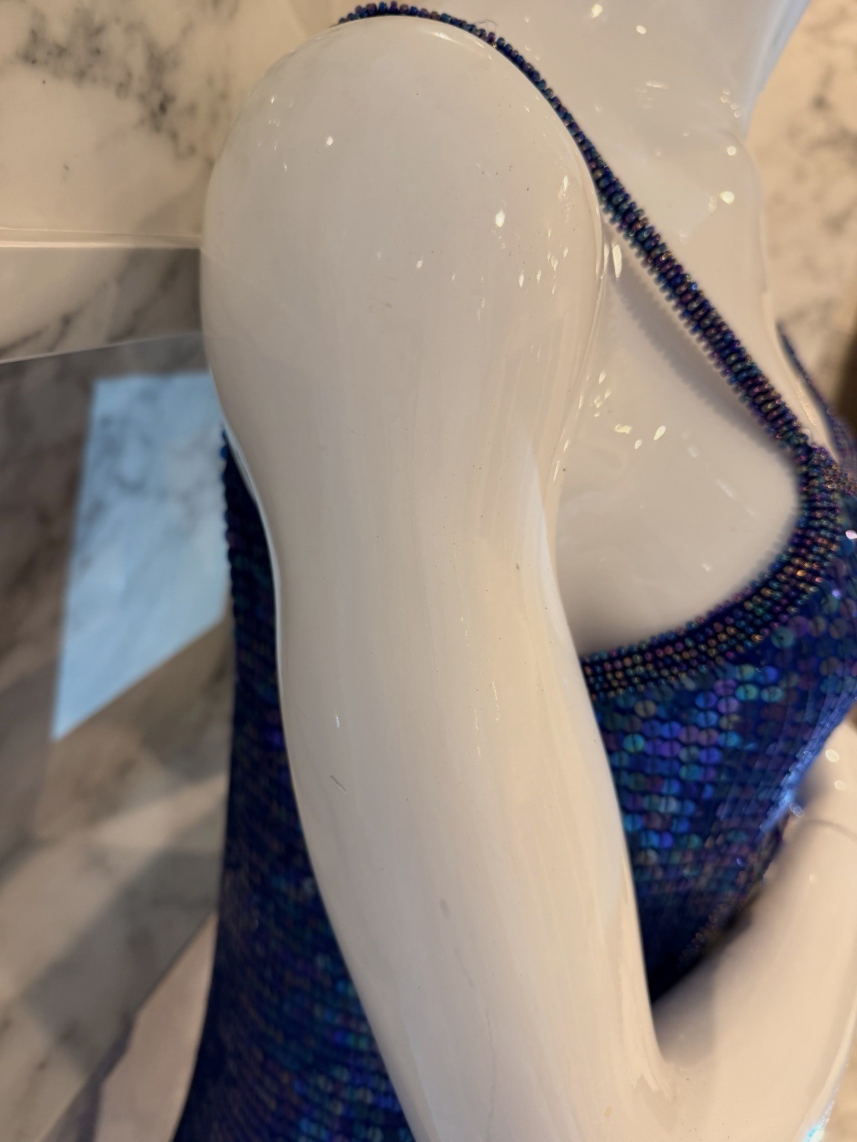 Vintage Laurence Kazar Blue Sequin Beaded Silk Cocktail Dress Fringe Art Deco M