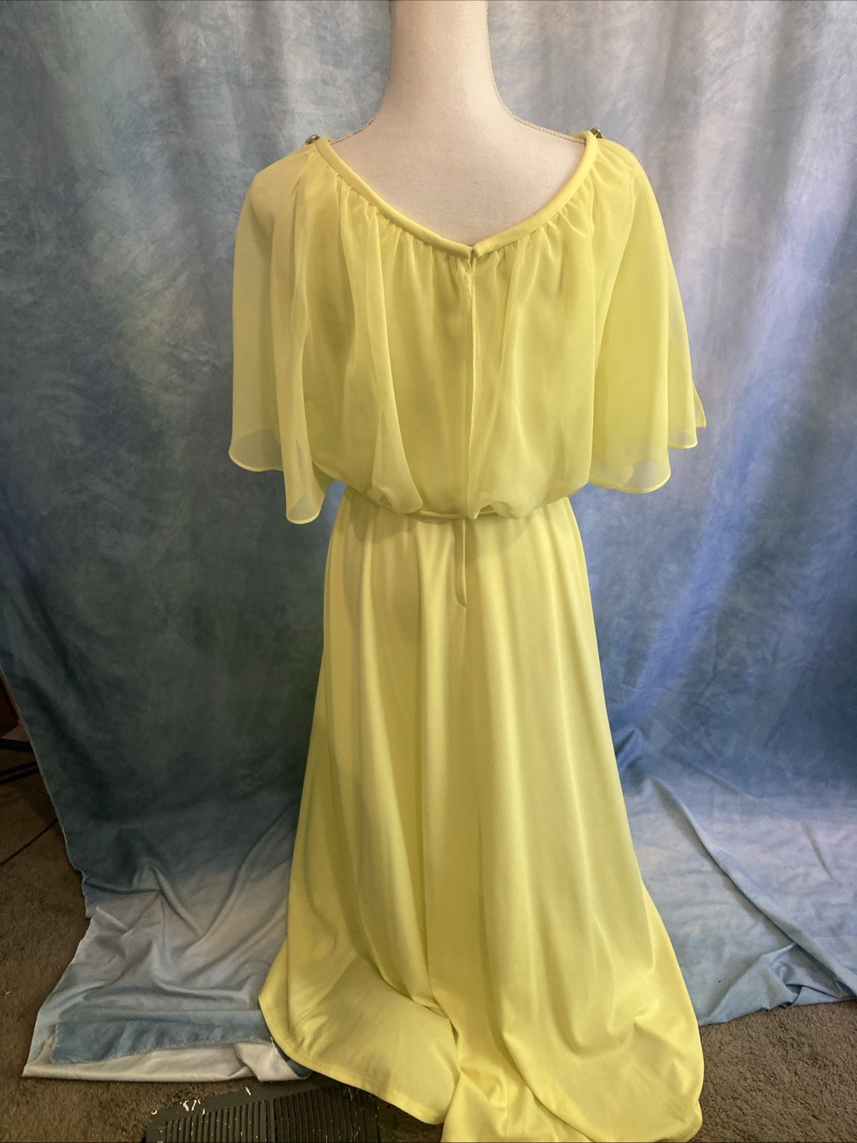 Vtg 70s Grecian Disco Maxi Dress Neon Yellow Chartreuse Chiffon Overlay Gown XS