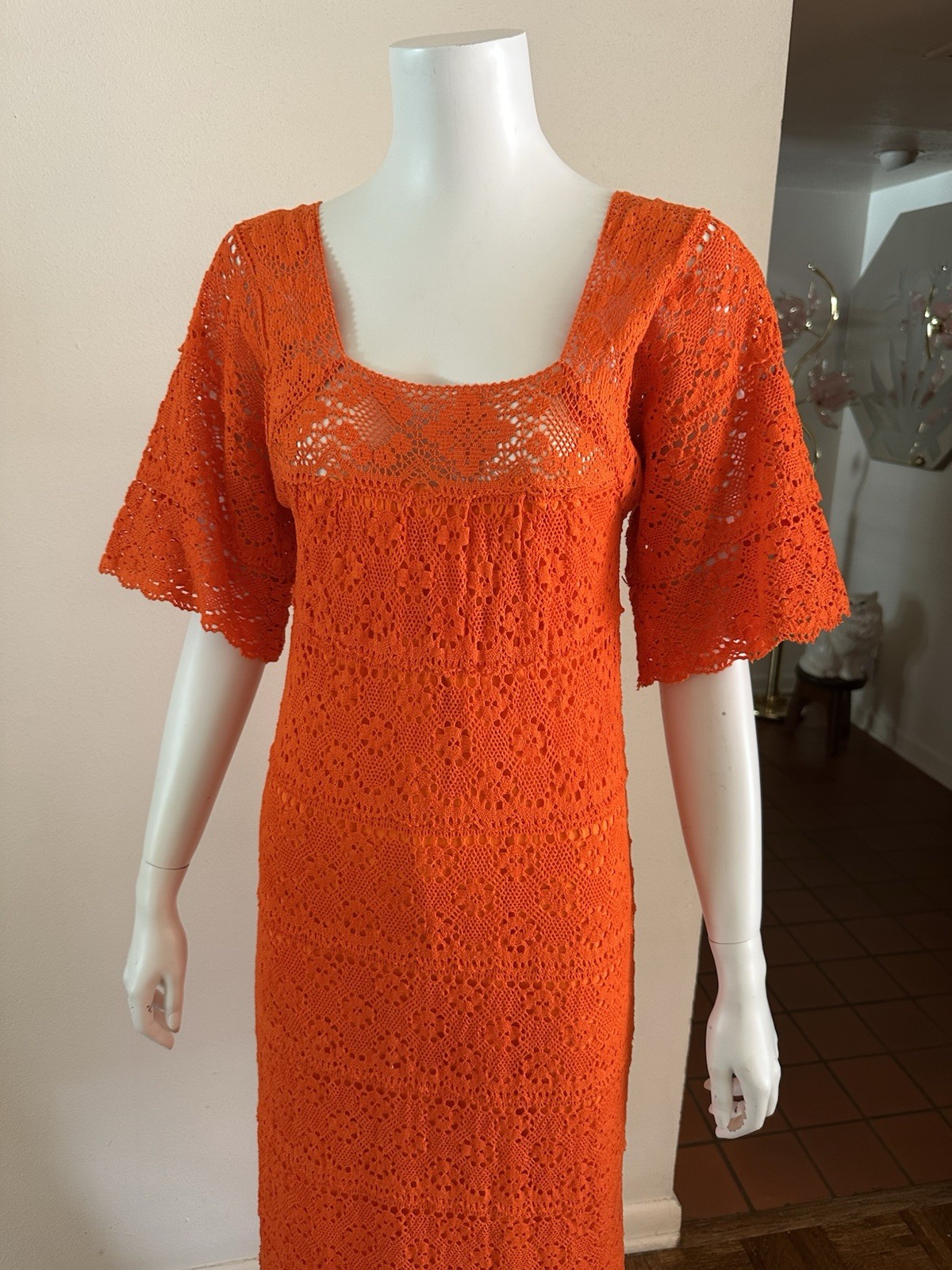 1970s Mexican Crochet Lace Maxi Dress Orange Cotton Boho Huipil XS S Vintage
