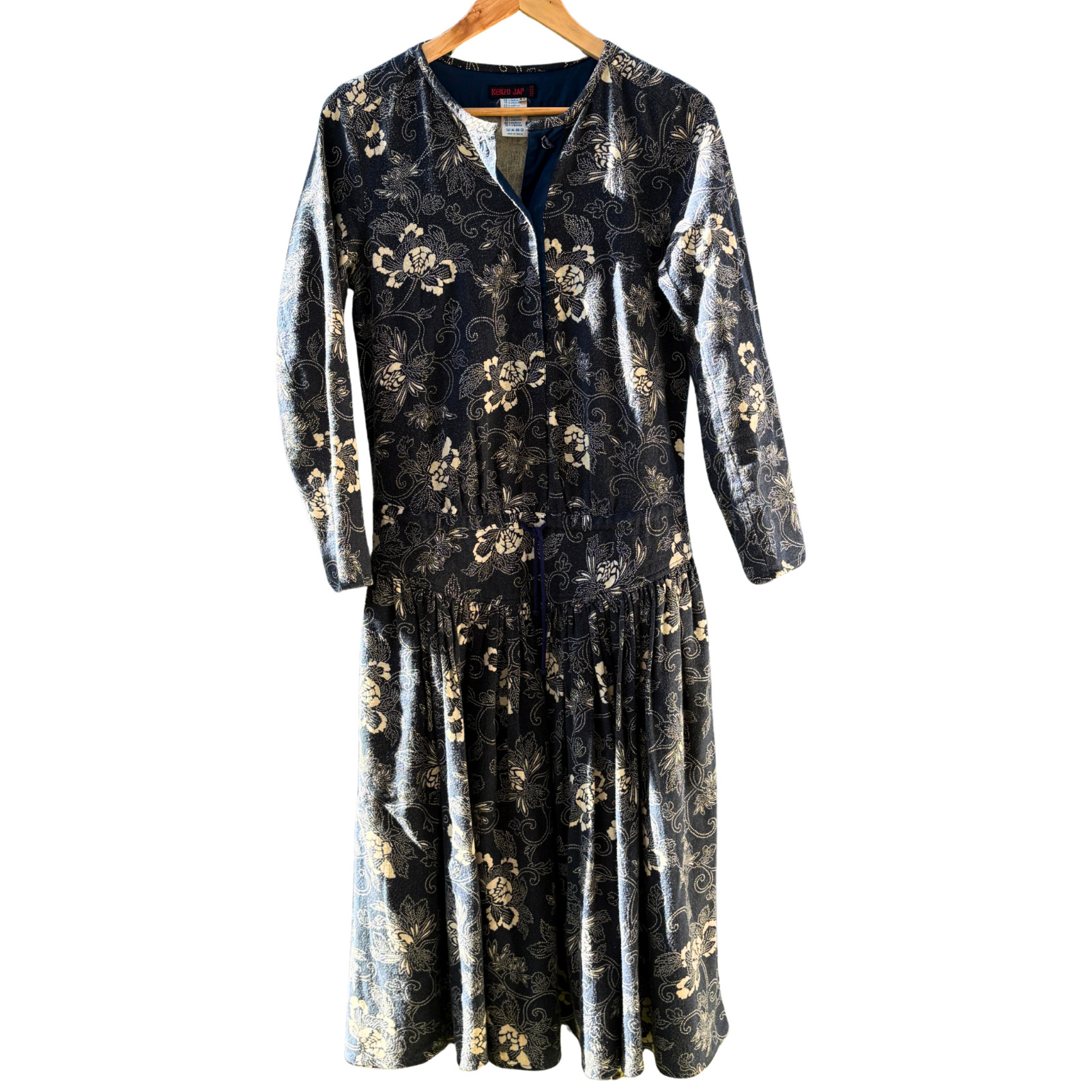 Vintage 1970s Kenzo Jap Archival Dropped Waist Midi Dress – Floral Indigo Cotton