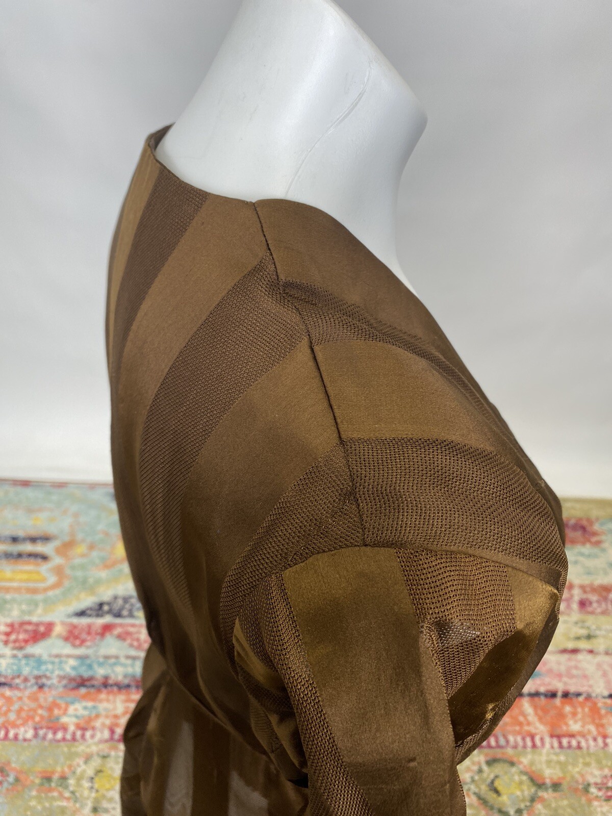 Brown Silk Net Striped Antique Victorian Walking Dress Edwardian 1900s AS IS