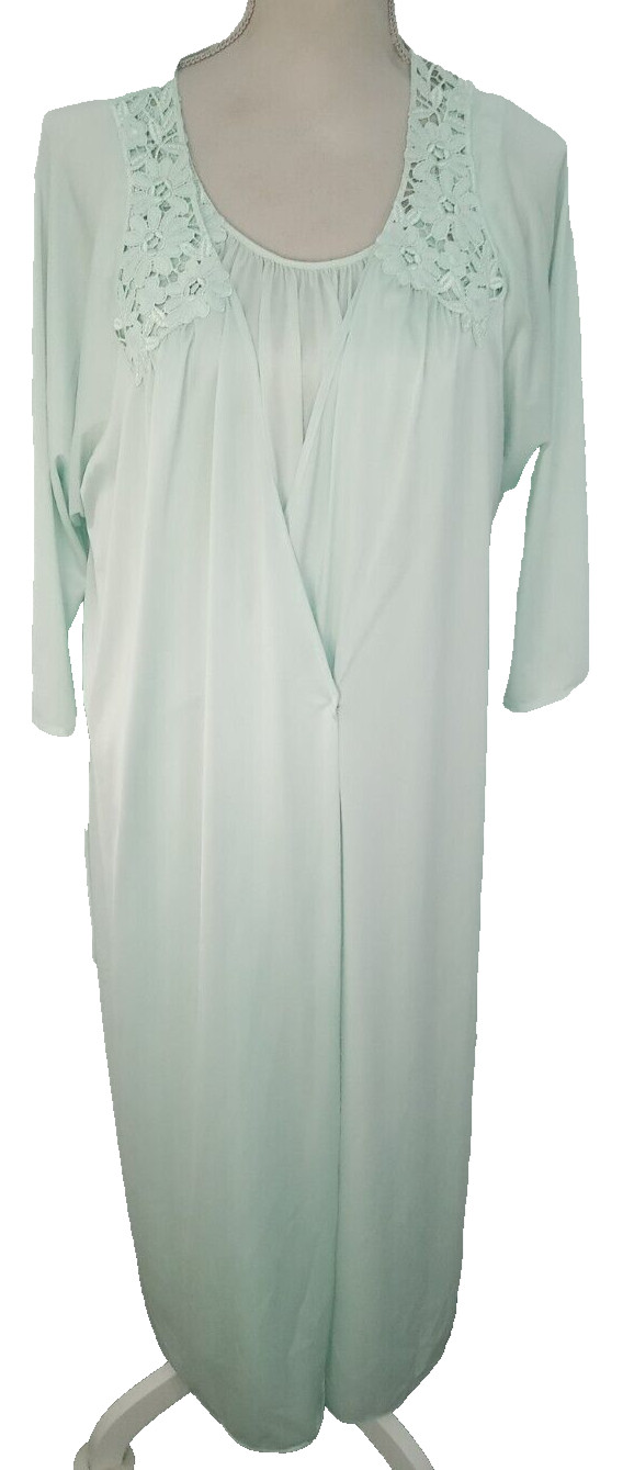 Vintage Shadowline Peignoir Set Nightgown & Robe M/L Long Green Lace Hollywood