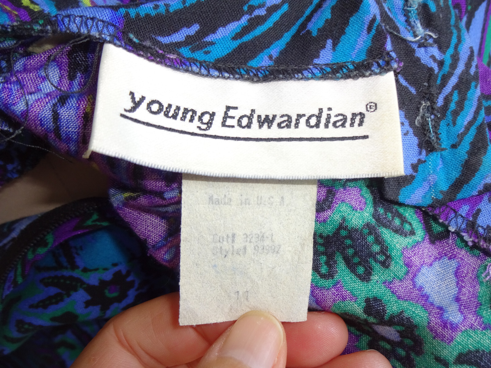 Vintage 1980s Juniors Womens Young Edwardian Dress 11 XS S Purple Blue Green USA