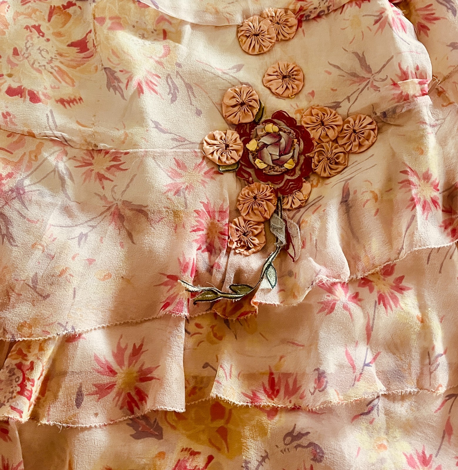 Charming 1920s Tiered Silk Tiered Skirt, Pastels, Peach, Ribbon Work Flowers S-M