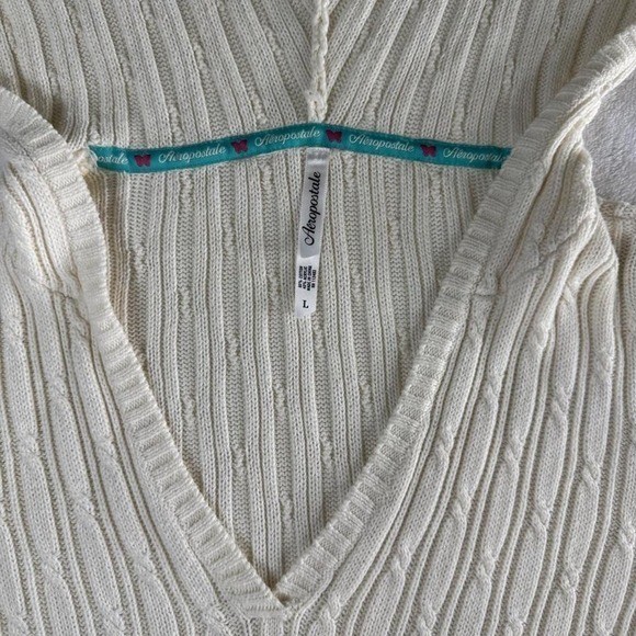 Aeropostale white cable knit babydoll long sleeve hooded sweater Y2K vintage