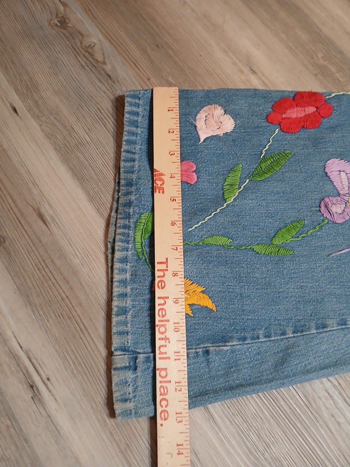 Vintage 70s Denim Bell Bottom Custom Embroidered Flare Hippy 32×28.5 RARE Floral