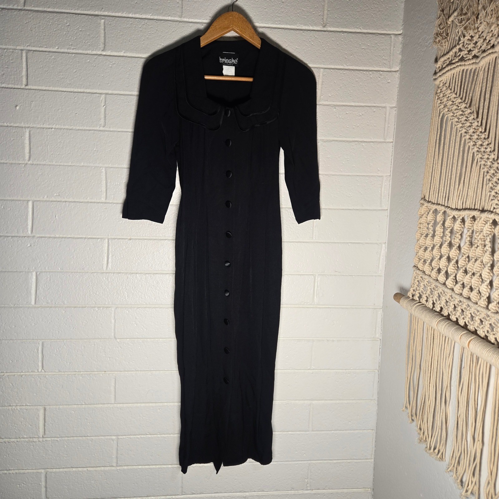 Vtg Brioche 90s Midi Button Dress 7/8 Peter Pan Collar Goth Retro Rockabilly
