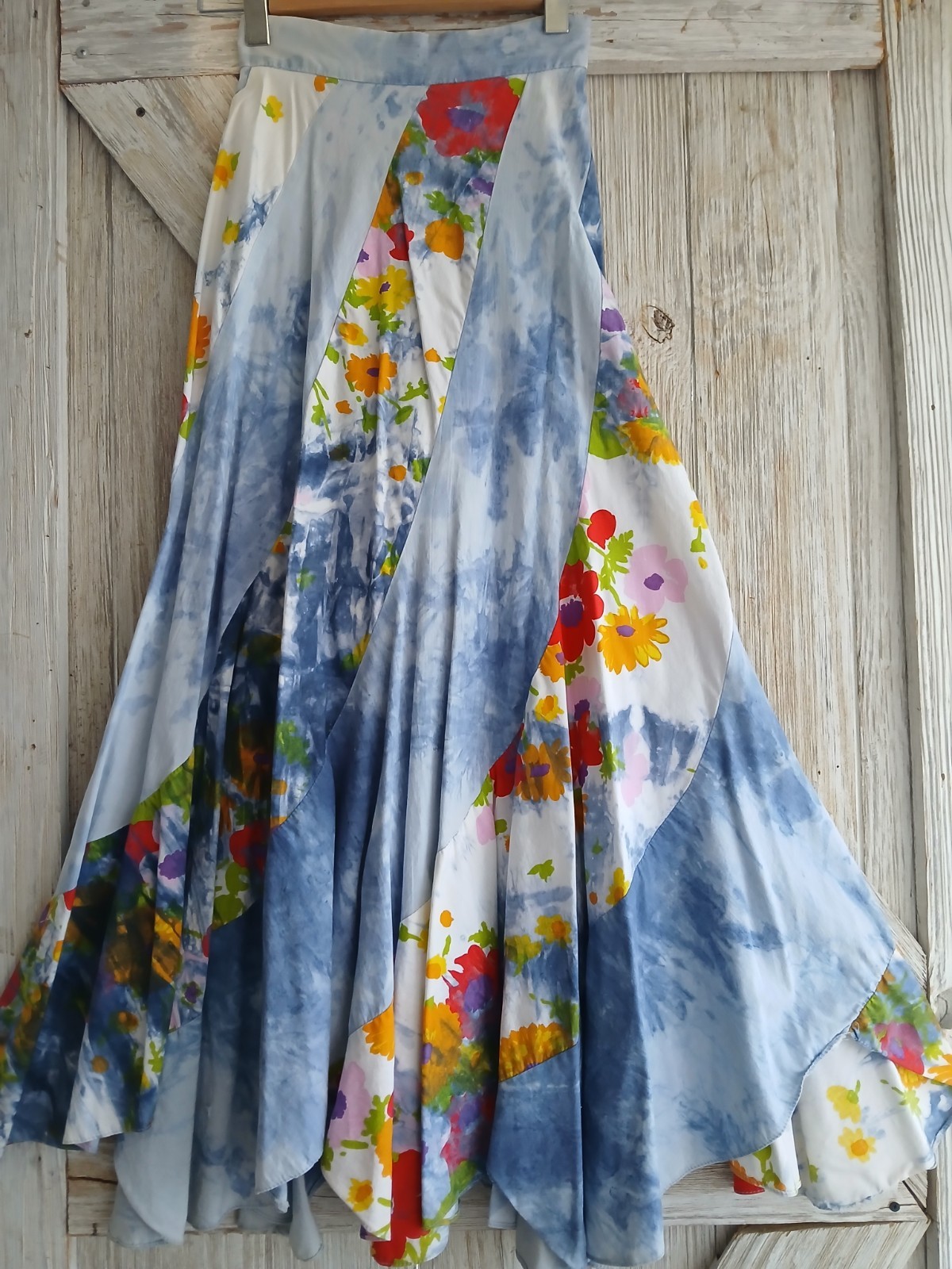 Original Arjon of California 1970s Hippie Maxi Skirt & Top Blue Tye Dye flowers