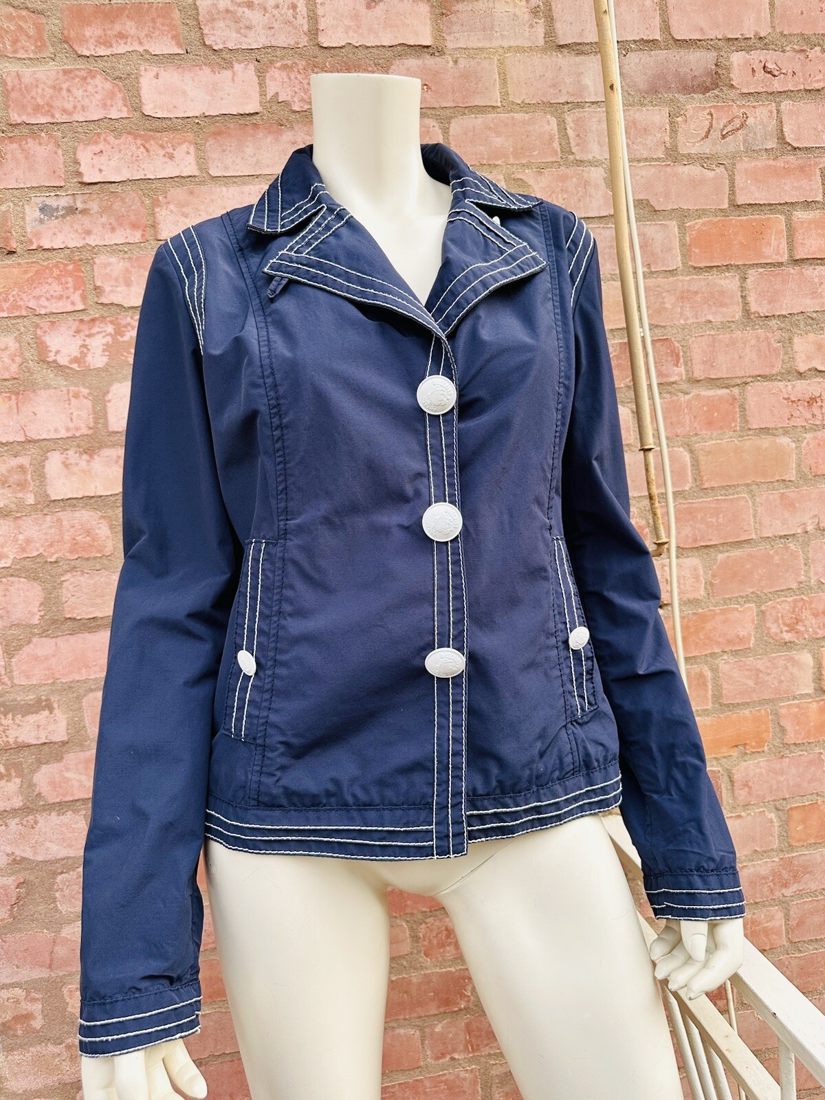 MOSCHINO Blazer Jacket Short Navy Blue White Popeye Buttons Cartoon Size IT 46 L