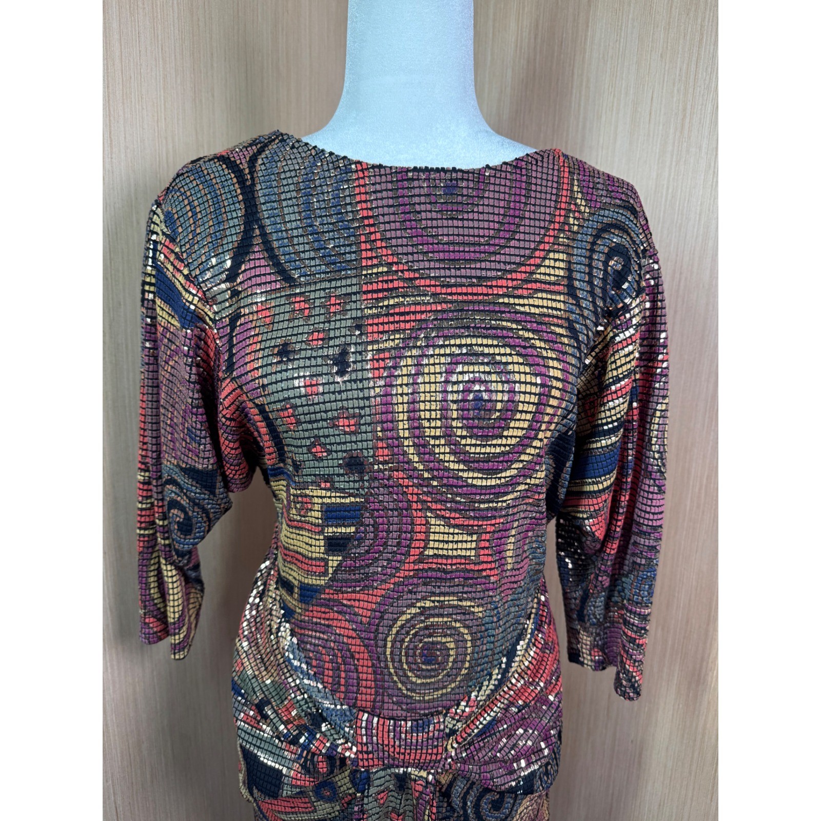 Vintage Janine of London La Vie Mosaic Metallic Knit Midi Dress Gold Red Sz M