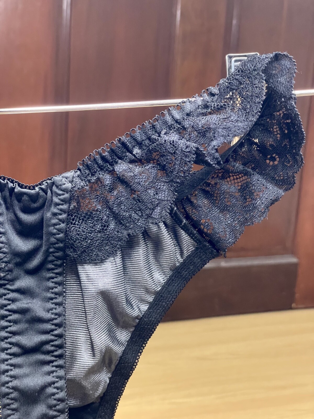 Vtg Deep Black Polyester Spandex String Panty Sz.5~6 Sheer Floral Lace Briefs