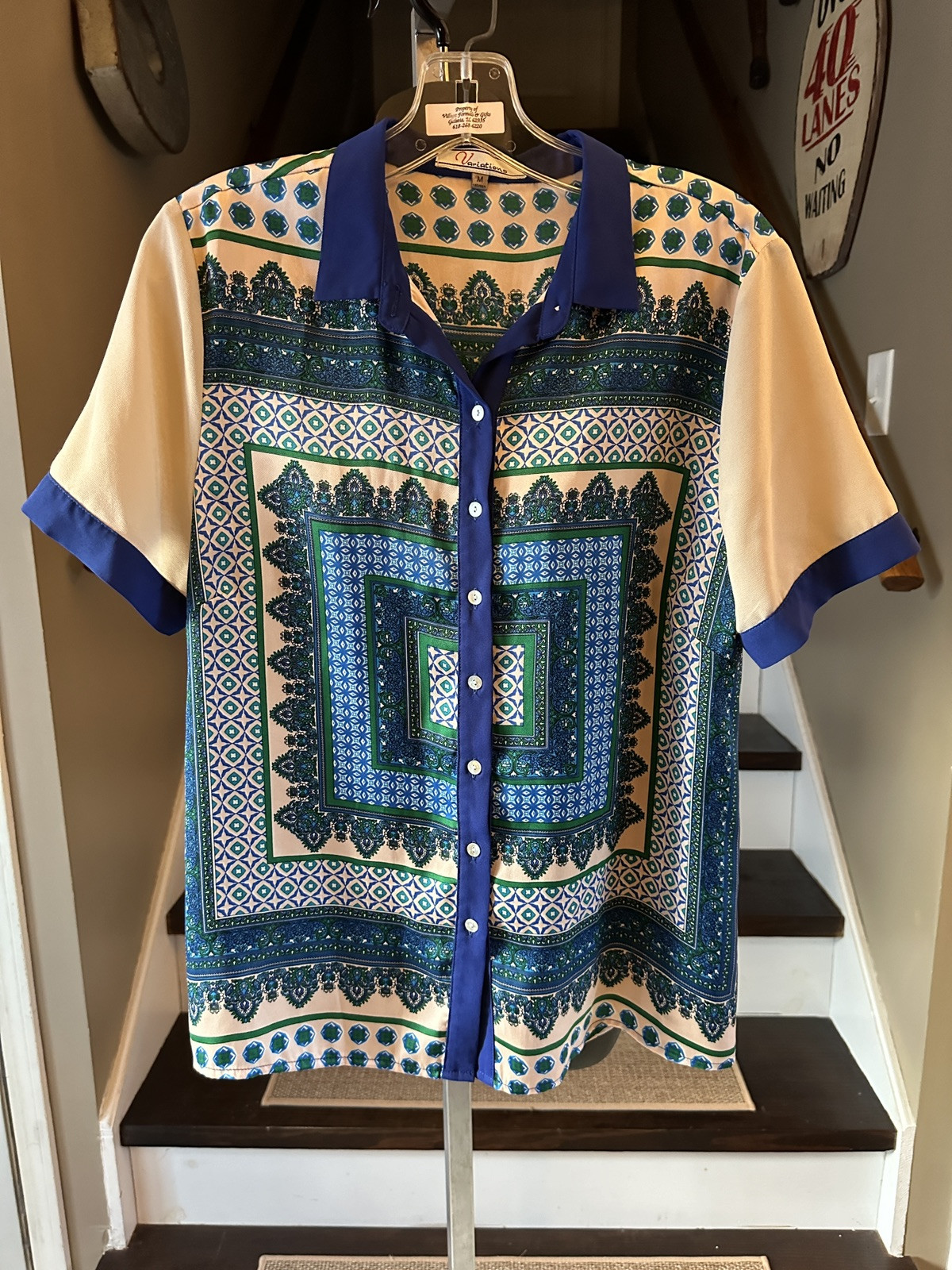 Vintage 70s Variations Mod Rayon Silk Short Sleeve Women’s Shirt M