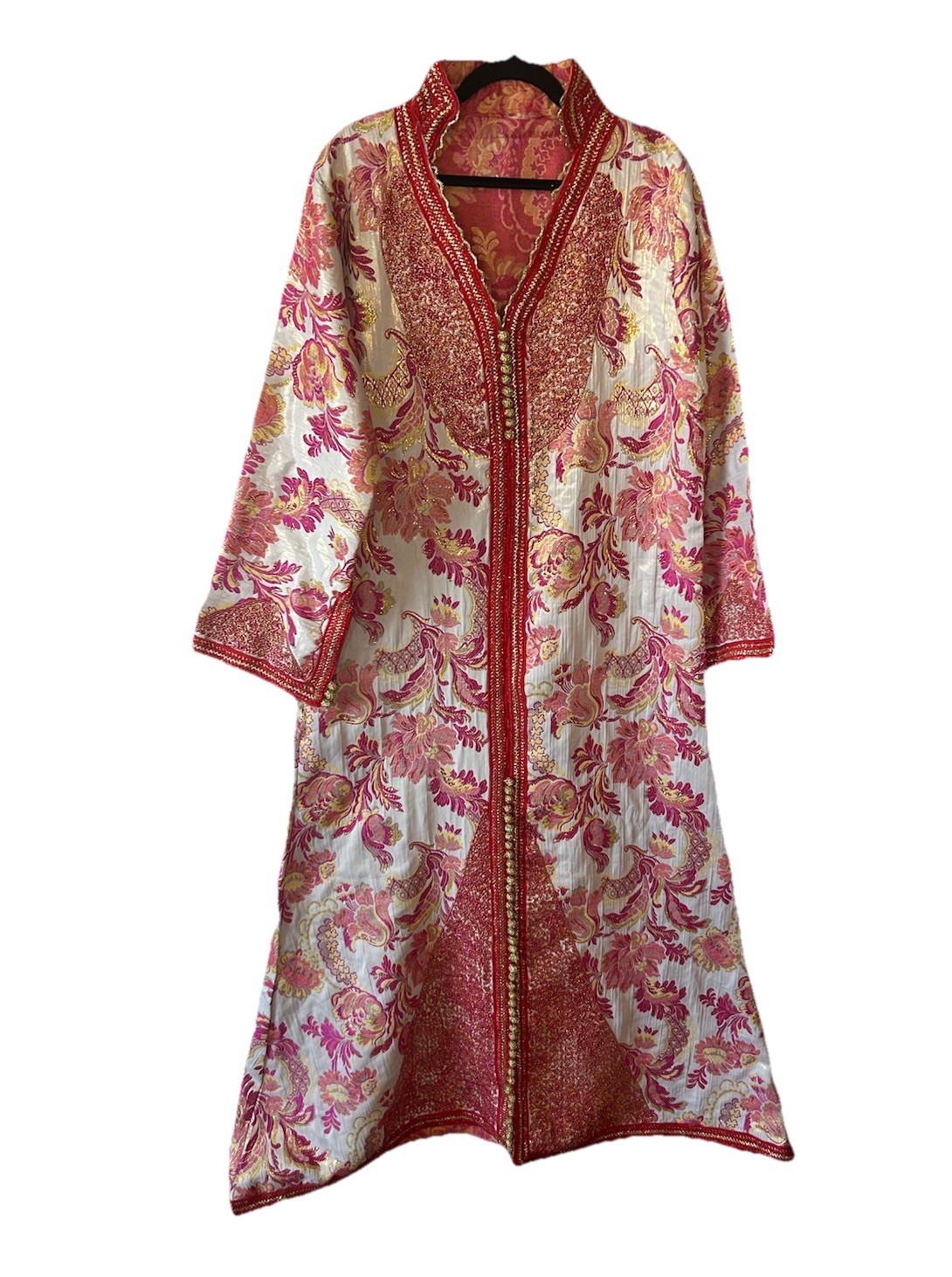 Vintage 1970’s Moroccan Brocade Kaftan Maxi Dress Pink Gold Embroidered L/XL