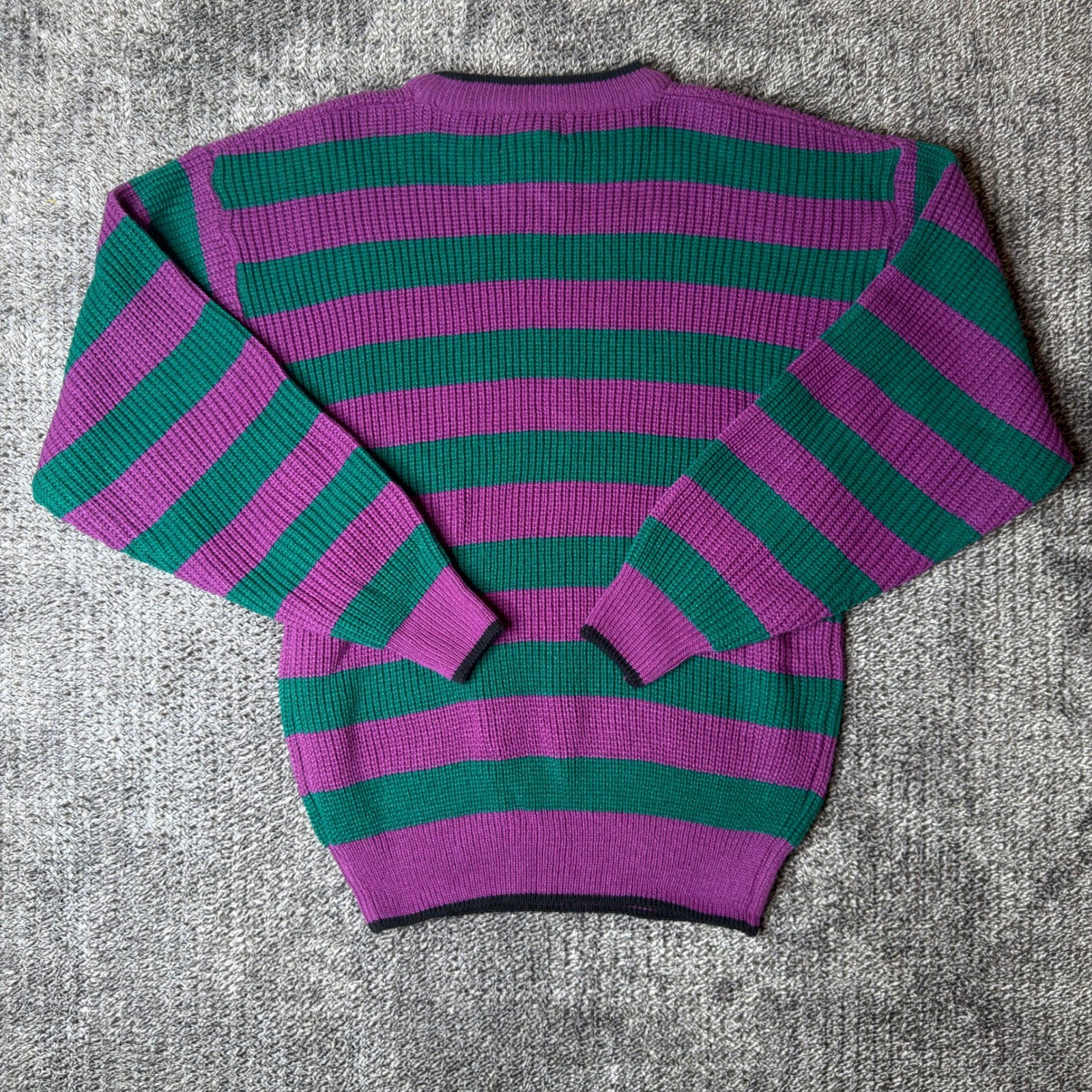Vintage Trend Basics Purple Green Striped Knit Sweater Womens Large Acrylic Crew