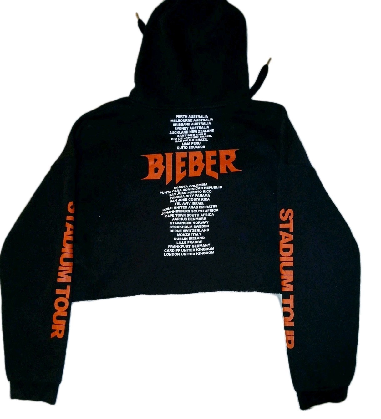 VINTAGE JUSTIN BIEBER 2015 PURPOSE – STADIUM TOUR – CROPPED BLACK HOODIE MEDIUM