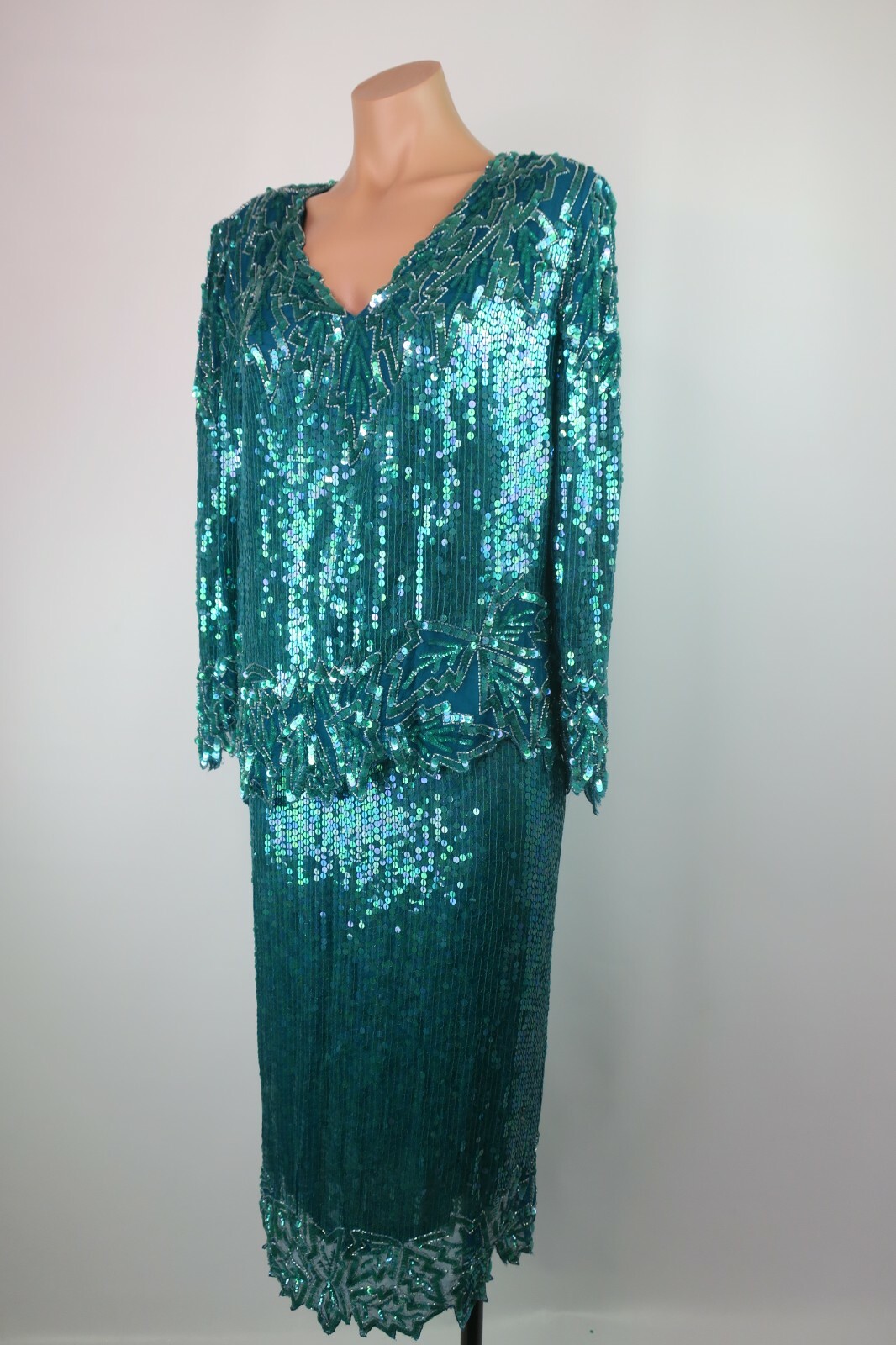 VTG Scala Gatsby Flapper Evening Top Skirt Set Sequin Silk 2-PC Short Sleeve M