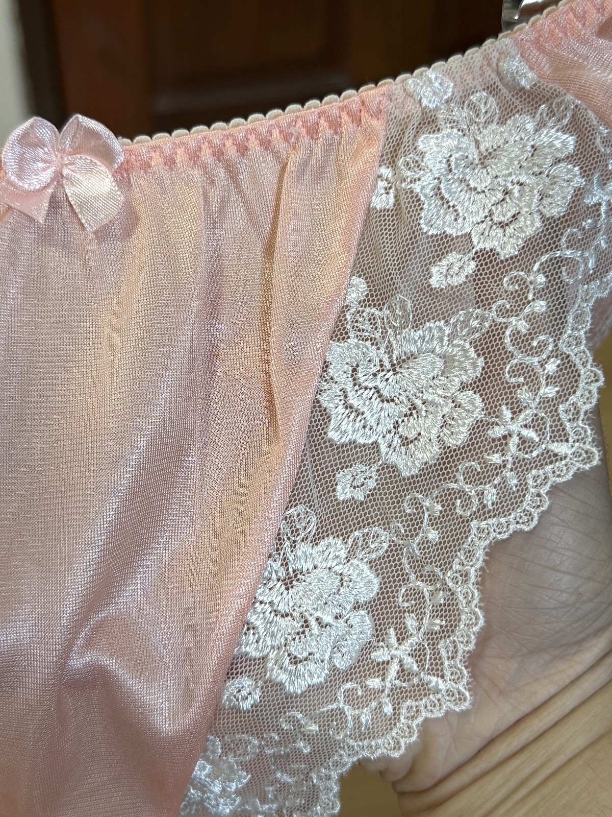 Vintage Silky Slippery Polyester Panty Sheer Nylon White Lace Bikini Brief Sz.6M