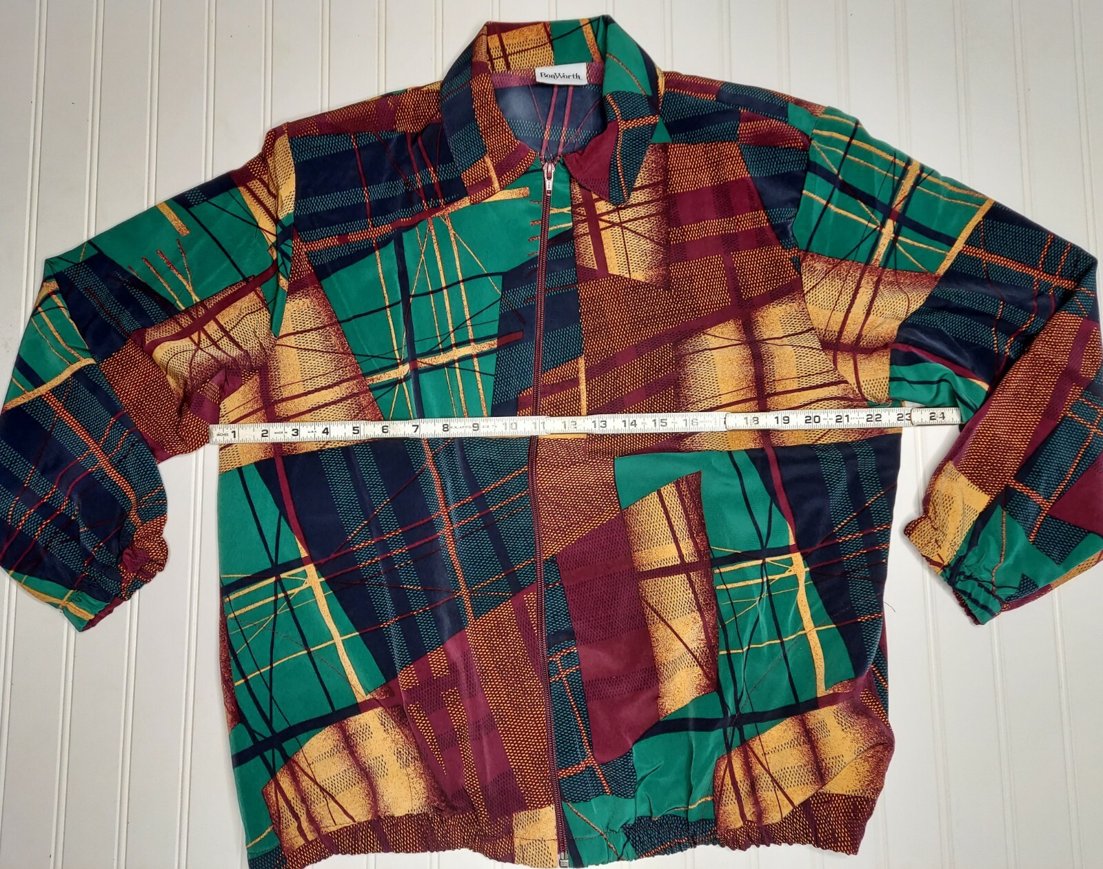Vtg Bonworth Silky Bomber Jacket Geometric Print Multicolor Zip-Up Sz: Med/LG?