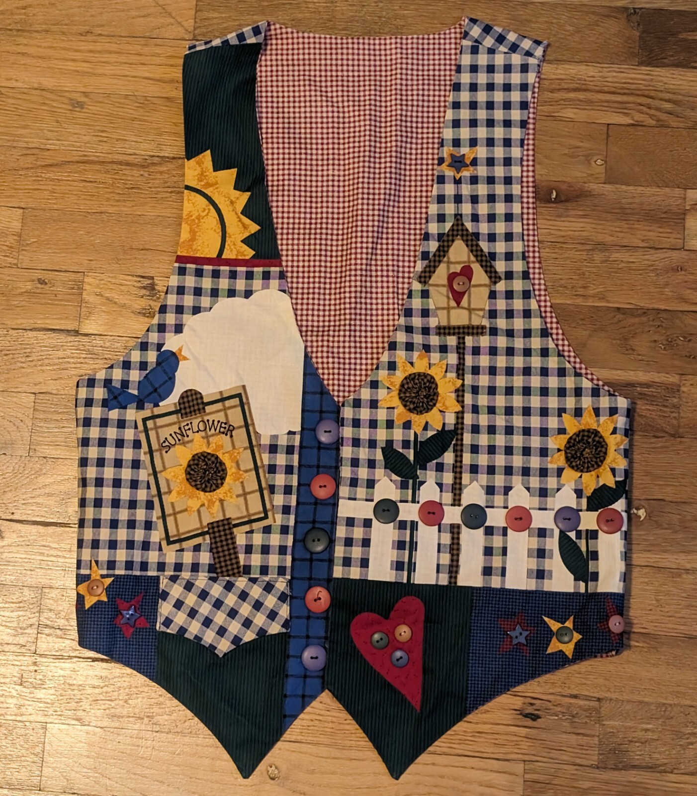 Vtg Handmade Sunflower Vest – M / L – Homemade Granny Summer Star Flower Heart