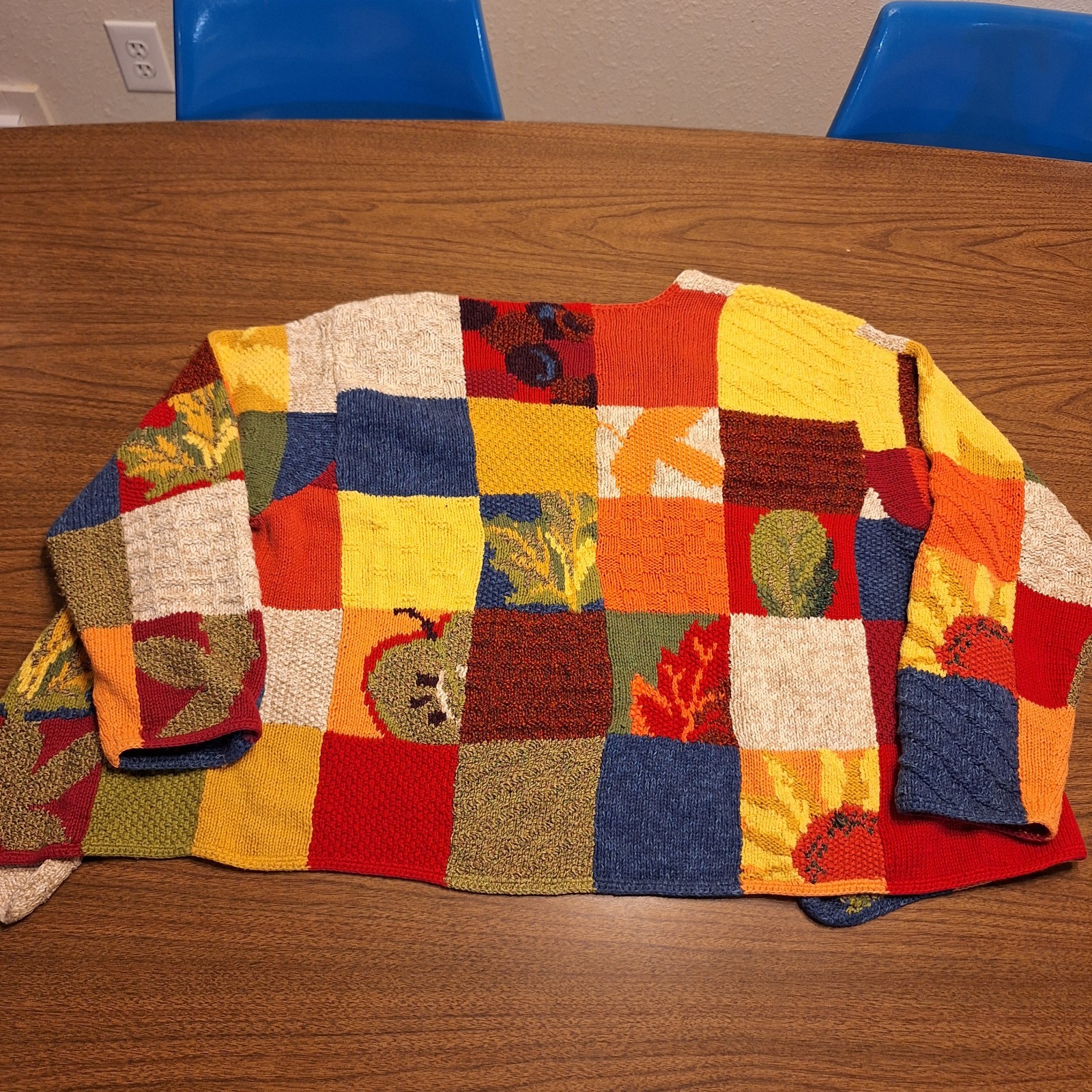 1990s Susan Bristol Patchwork Fall Apples Leaves Sunflower Rainbow Cardigan XL