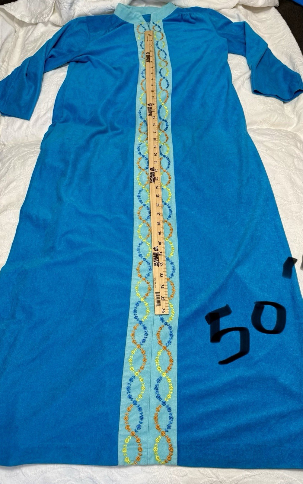 VTG 70s Blue Hostess Caftan Maxi Lounge Dress Boho Grandma Chic Glam